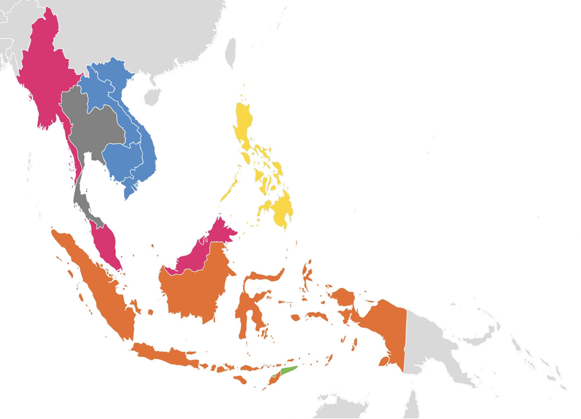 A map of Southeast Asia. Many regions have been colonized by Europeans.