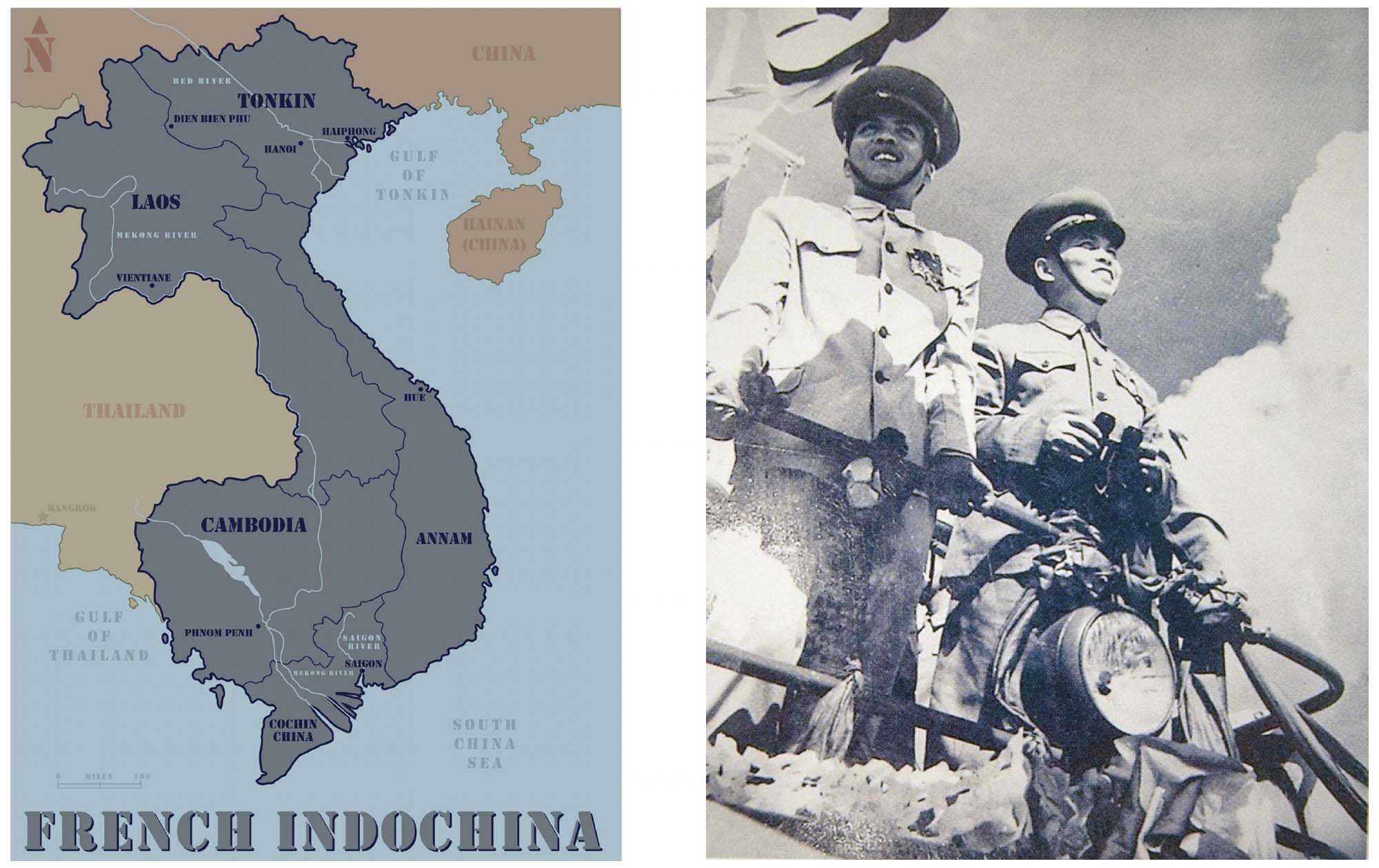 Map of the regions of Southeast Asia colonized by the French, then known as French Indochina (left). A black and white photograph of two Vietnamese officers. Both men are smiling (right).
