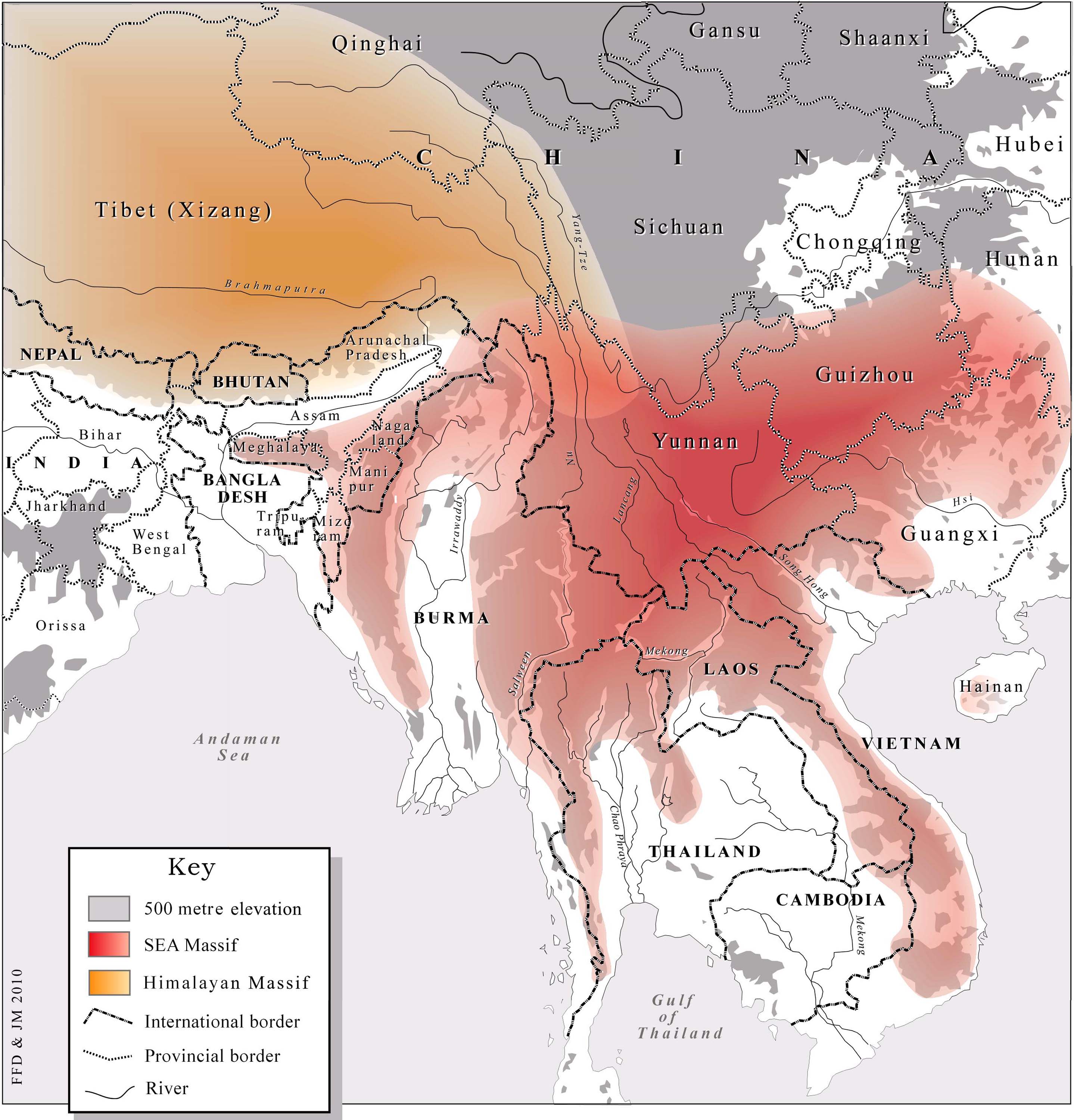 Map shows the Southeast Asian massif and the Himalayan massif. They both cover very large portions of land.