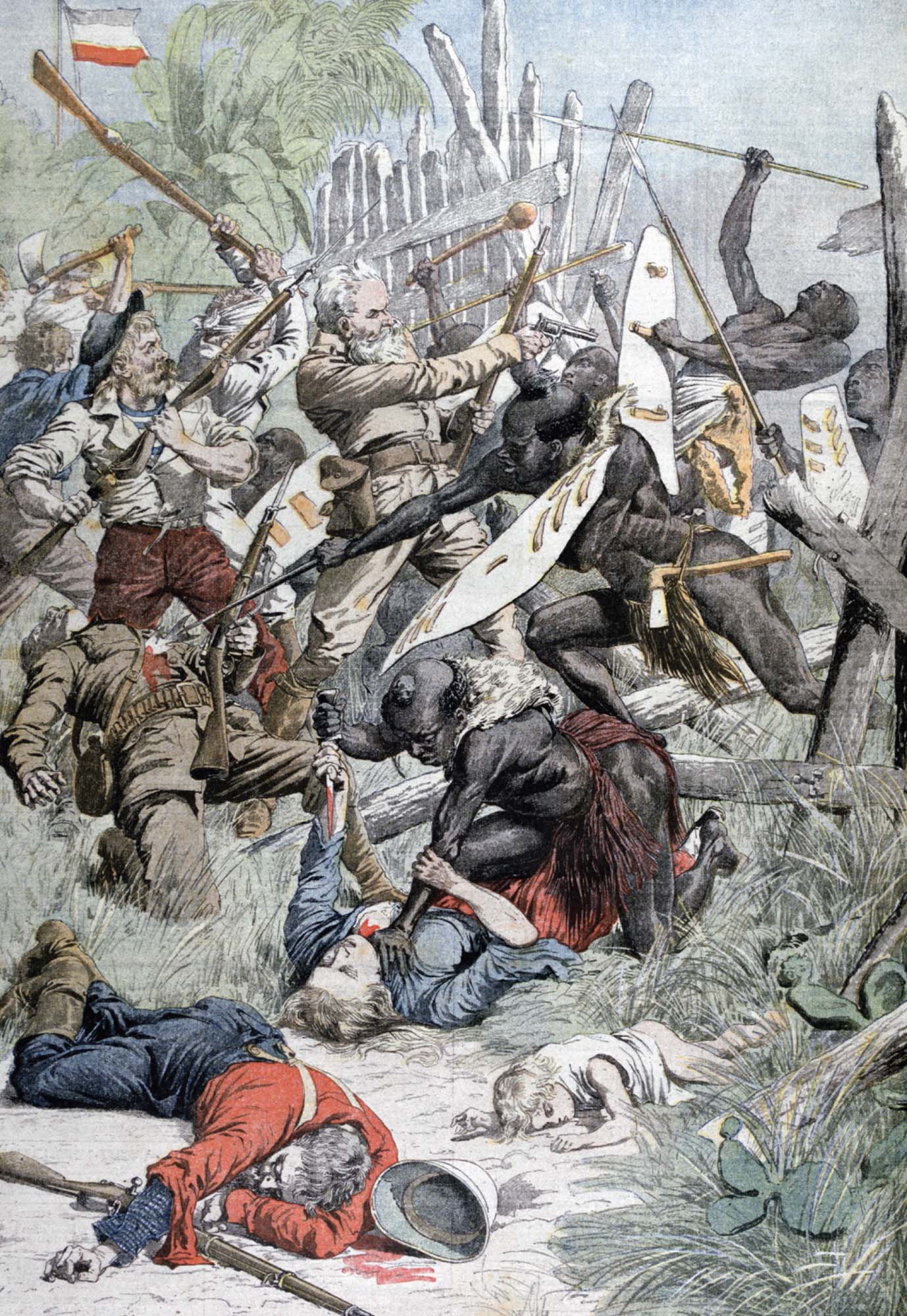 A gruesome battle scene of armed rebellion against German colonial soldiers and the indigenous population in East Africa.
