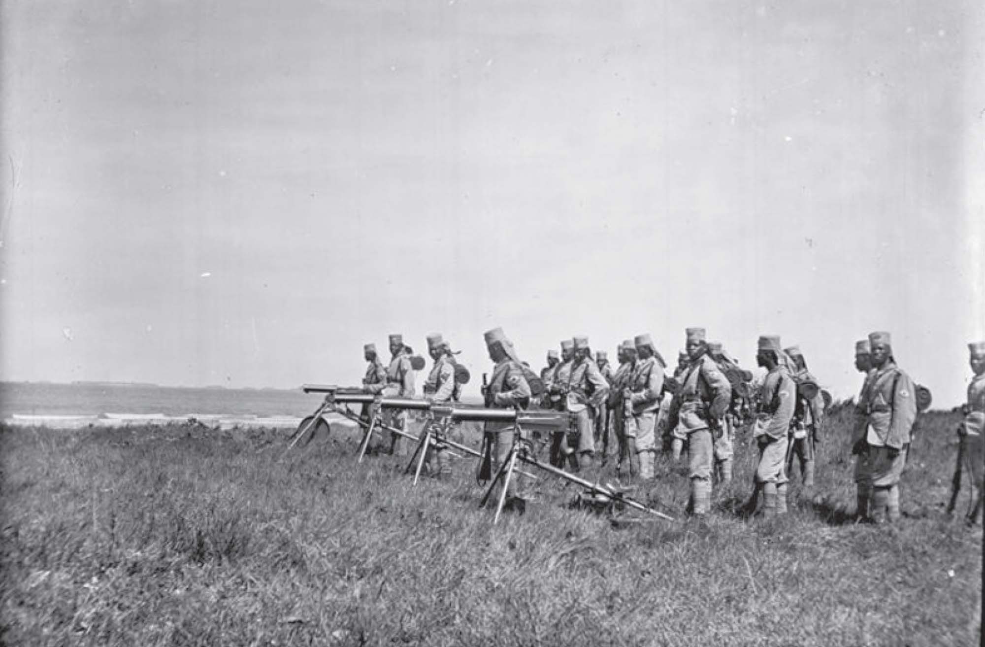 A group of men, in uniform, standing in a grassy field behind a line of four cannons.