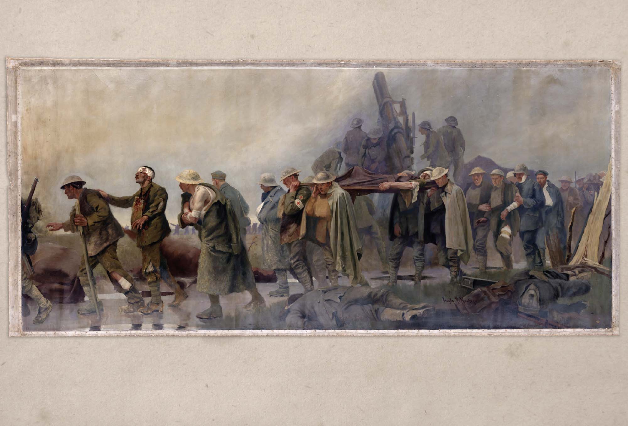 Painting of injured troops walking through a battlefield in a line, past dead bodies. One soldier is being carried in a stretcher while others are being helped along.