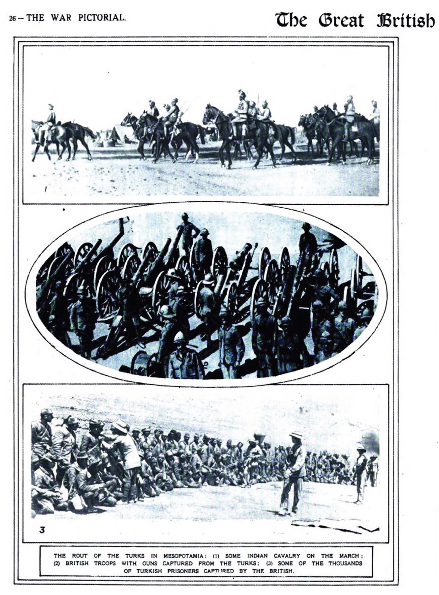 Three photographs of allied forces on horseback, with captured artillery guns, and prisoners of war.