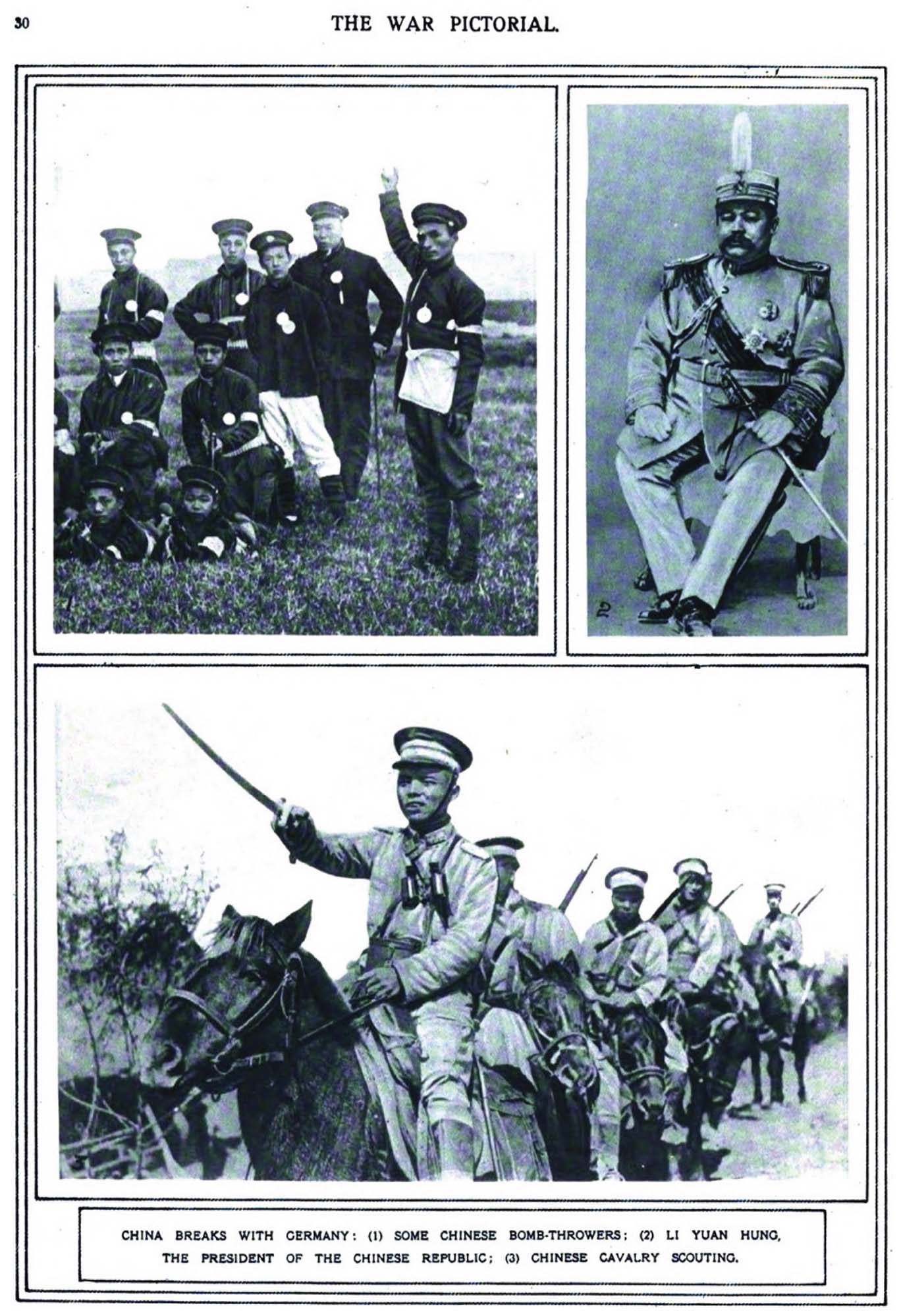 Three photographic images showing Chinese bomb-throwing soldiers, the president of the Chinese Republic, and mounted calvary.