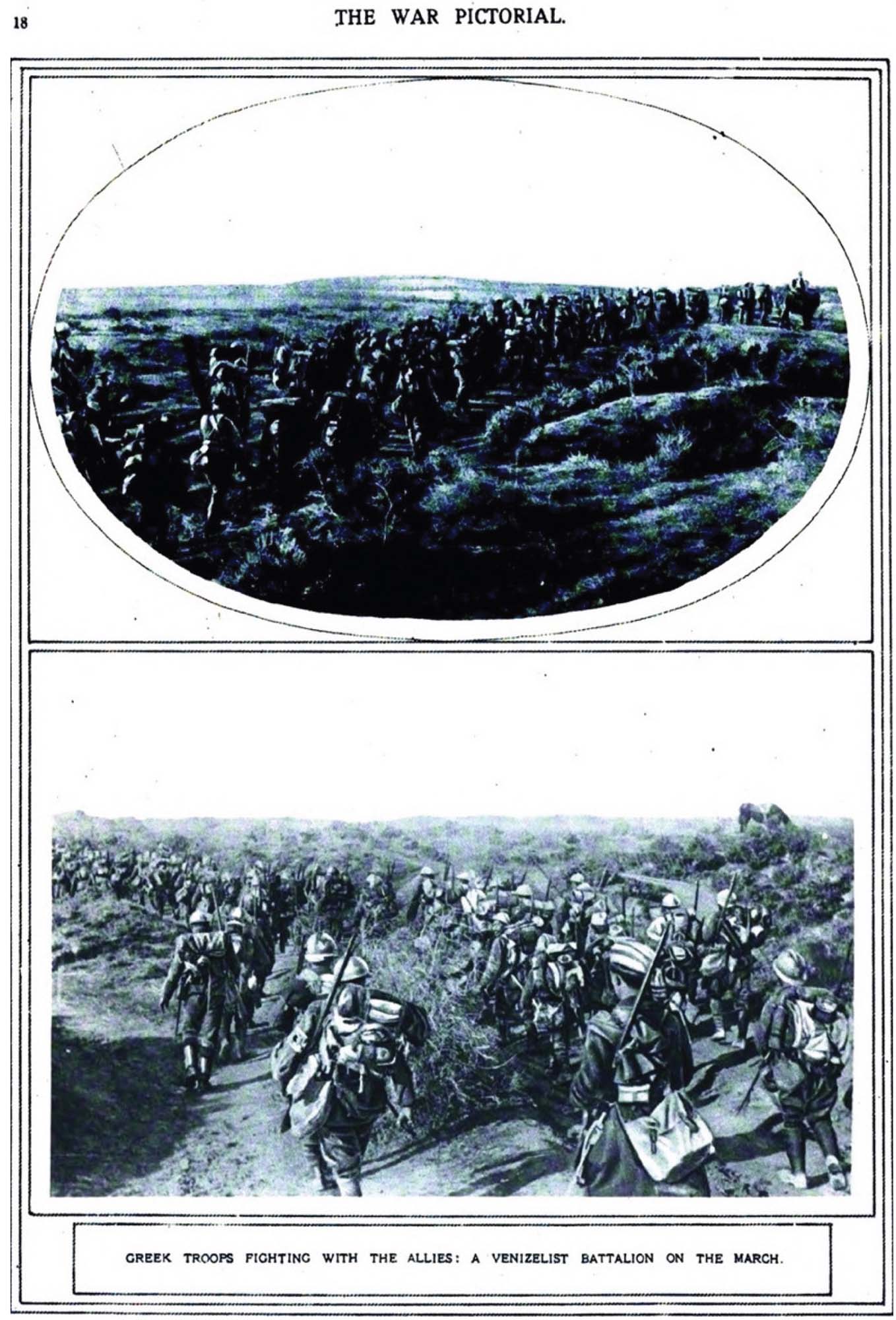 Two photos of soldiers on the march across fields.