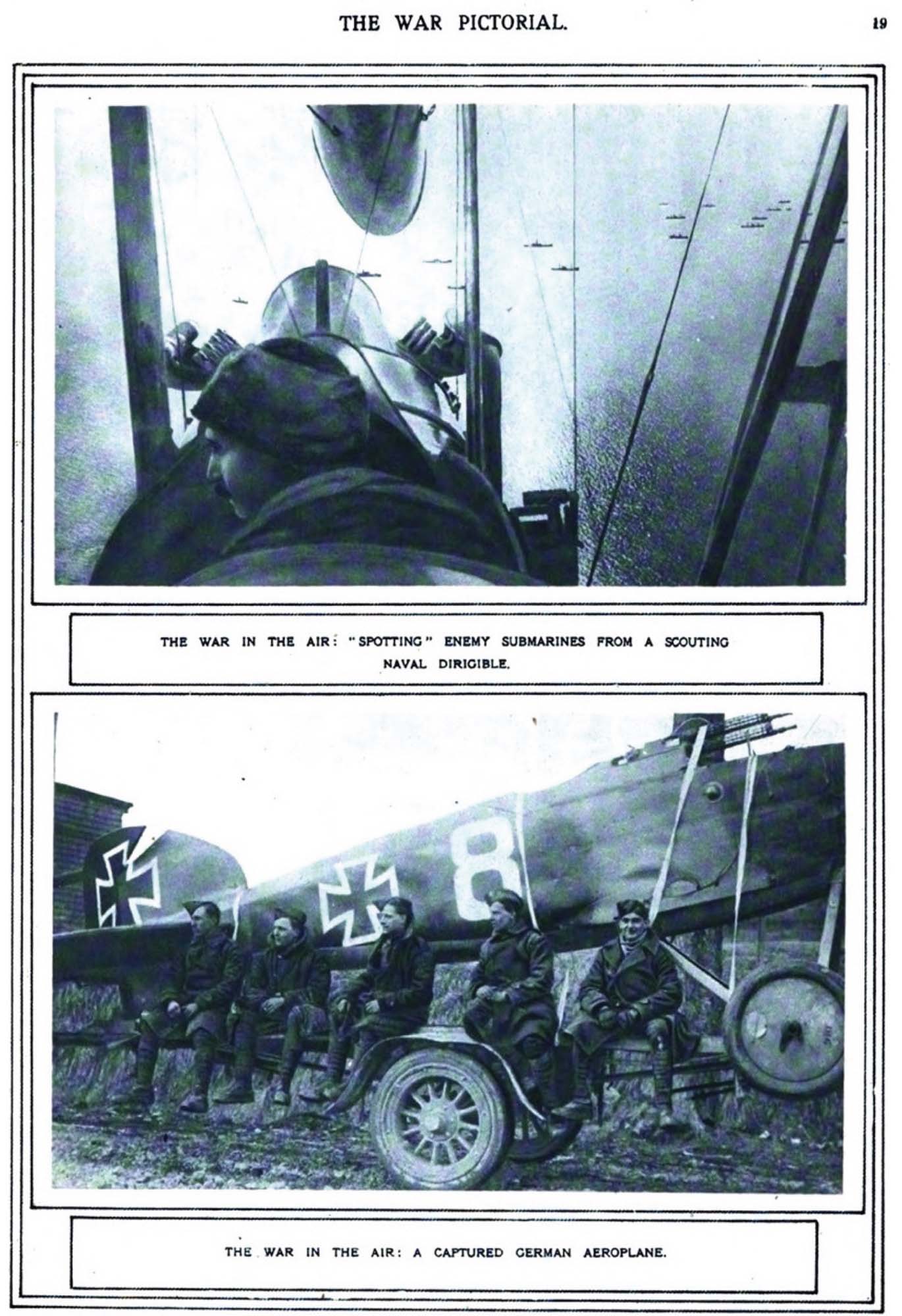 Two photographs showing the war in the air: top scouting from a dirigible and below, soldiers with a captured German airplane.