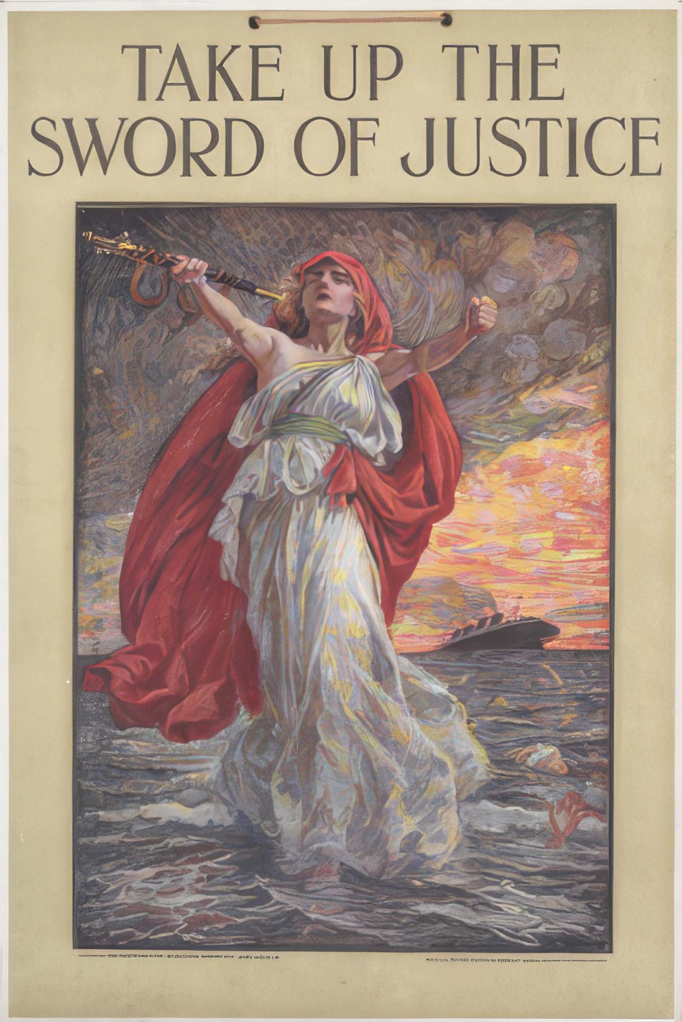 A propaganda artwork shows a woman, standing on the sea. Behind her, many people look to be drowning and a ship is sinking. The sky is bright orange and a banner reads “Take up the sword of justice”.