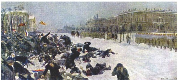 A painting of a snow-covered street, with groups of people on either side. On one side, a uniformed group of people looks to be attacking the people on the other side, many of whom have fallen.