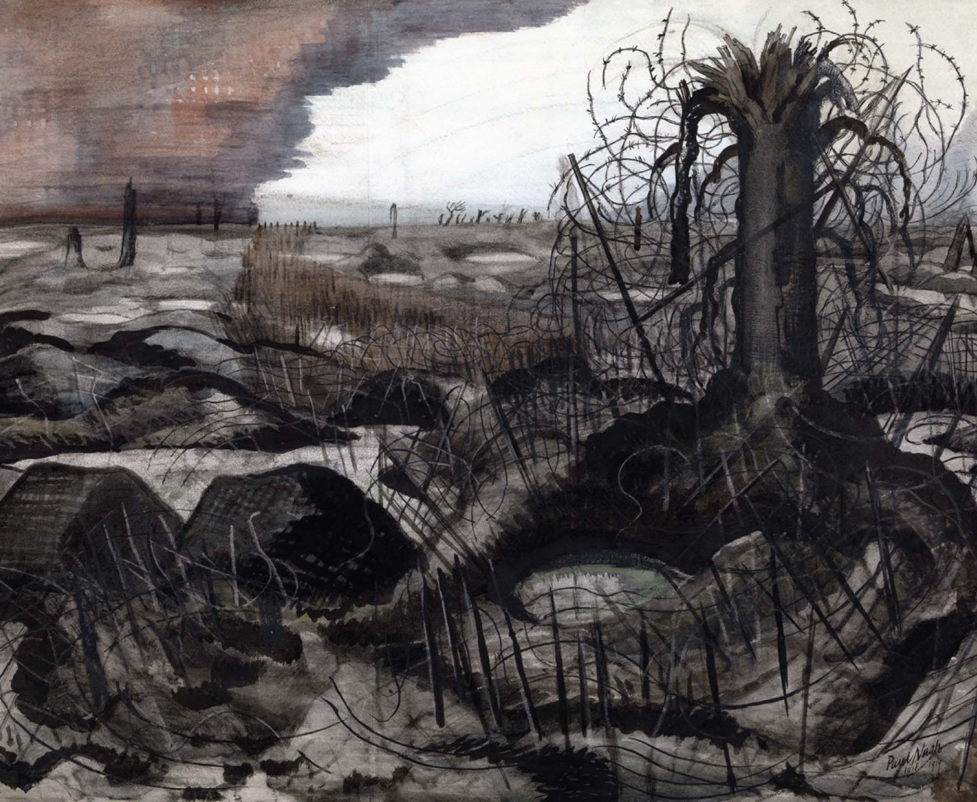Painting of a war-torn landscape. The land is barren and painted black to show the devastation it has undergone. A sole, dead tree remains.