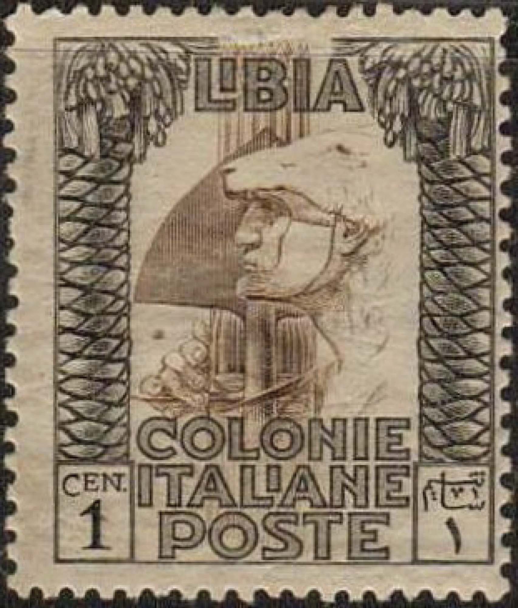 A postage stamp features an image of a modern Italian soldier, dressed in an animal skin.
