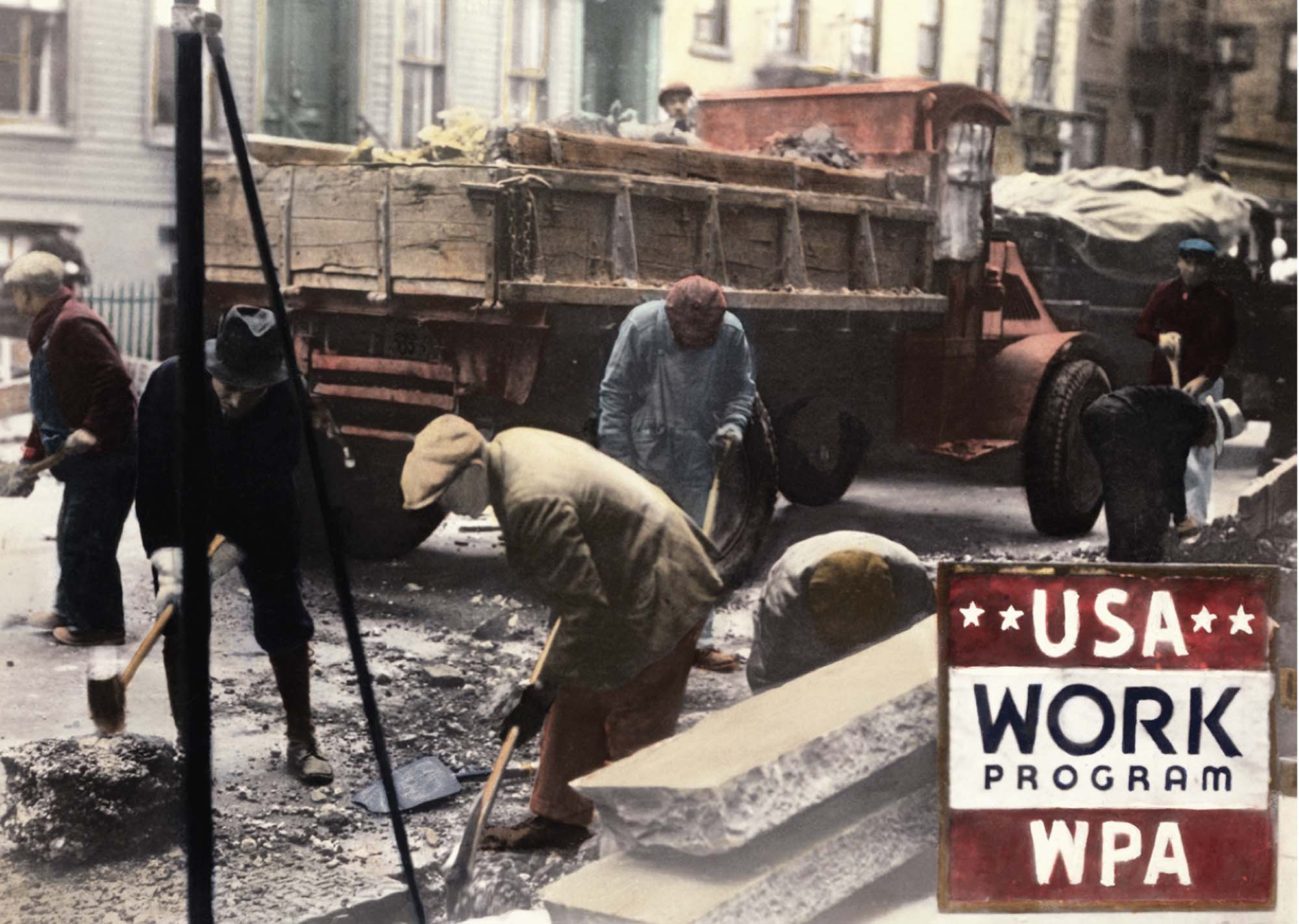 Photograph of workers mending a road.