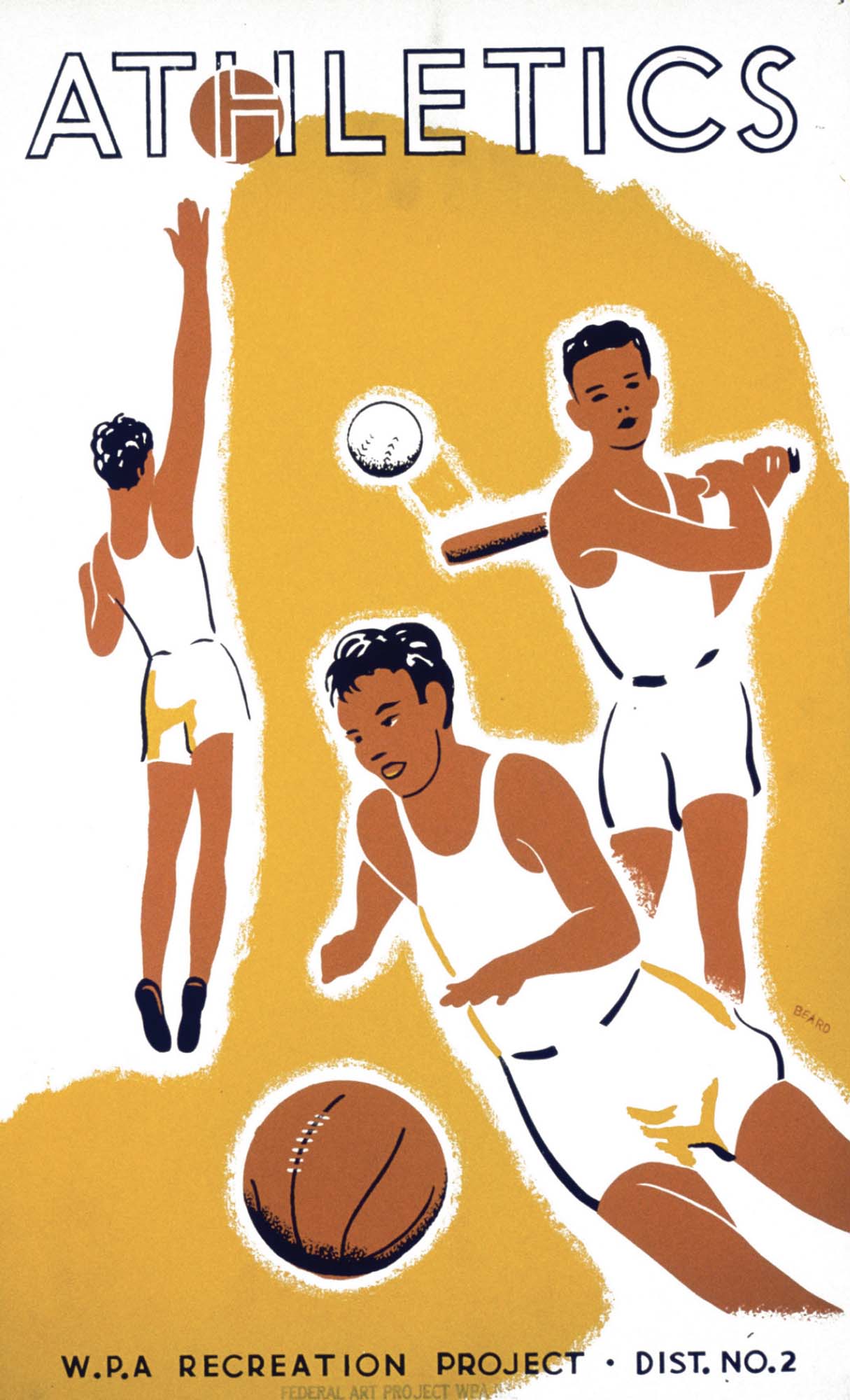 Poster showing youths playing basketball, baseball, and volleyball. 