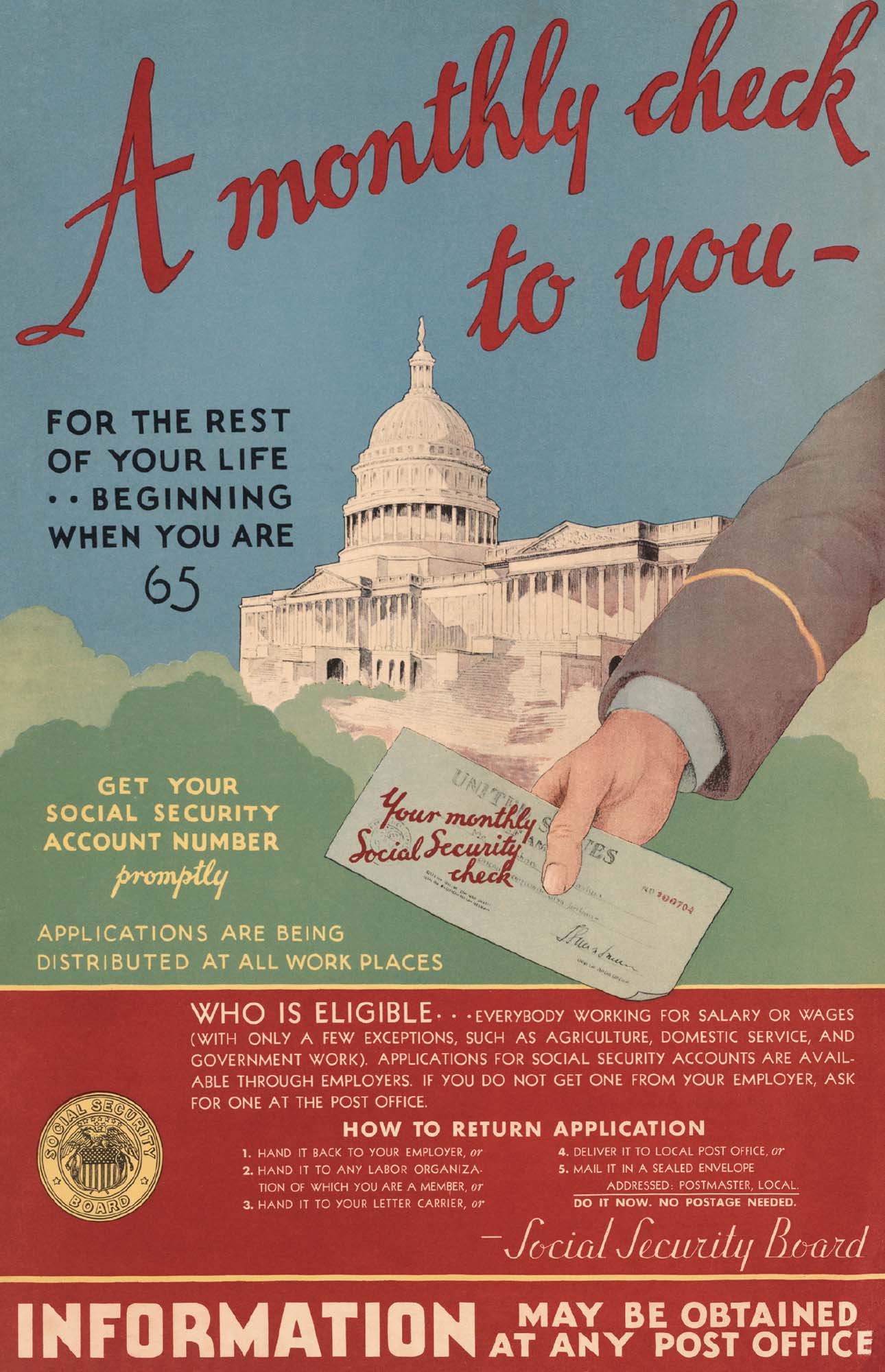 Poster in support of the US social security program with the title "A monthly check for you."