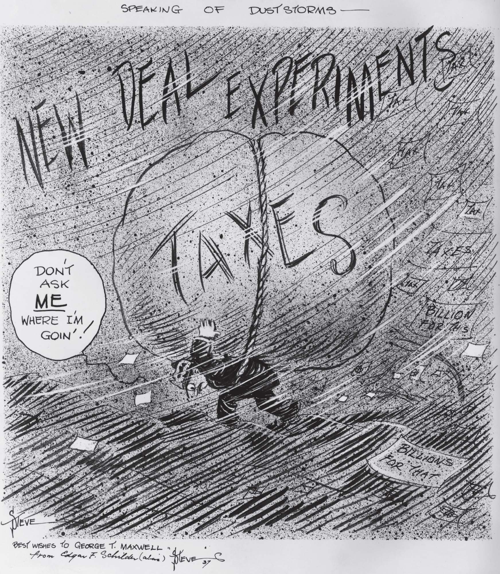 Poster with an anti-tax message with the image of a man burdened under the weight of an enormous bundle labeled "taxes."