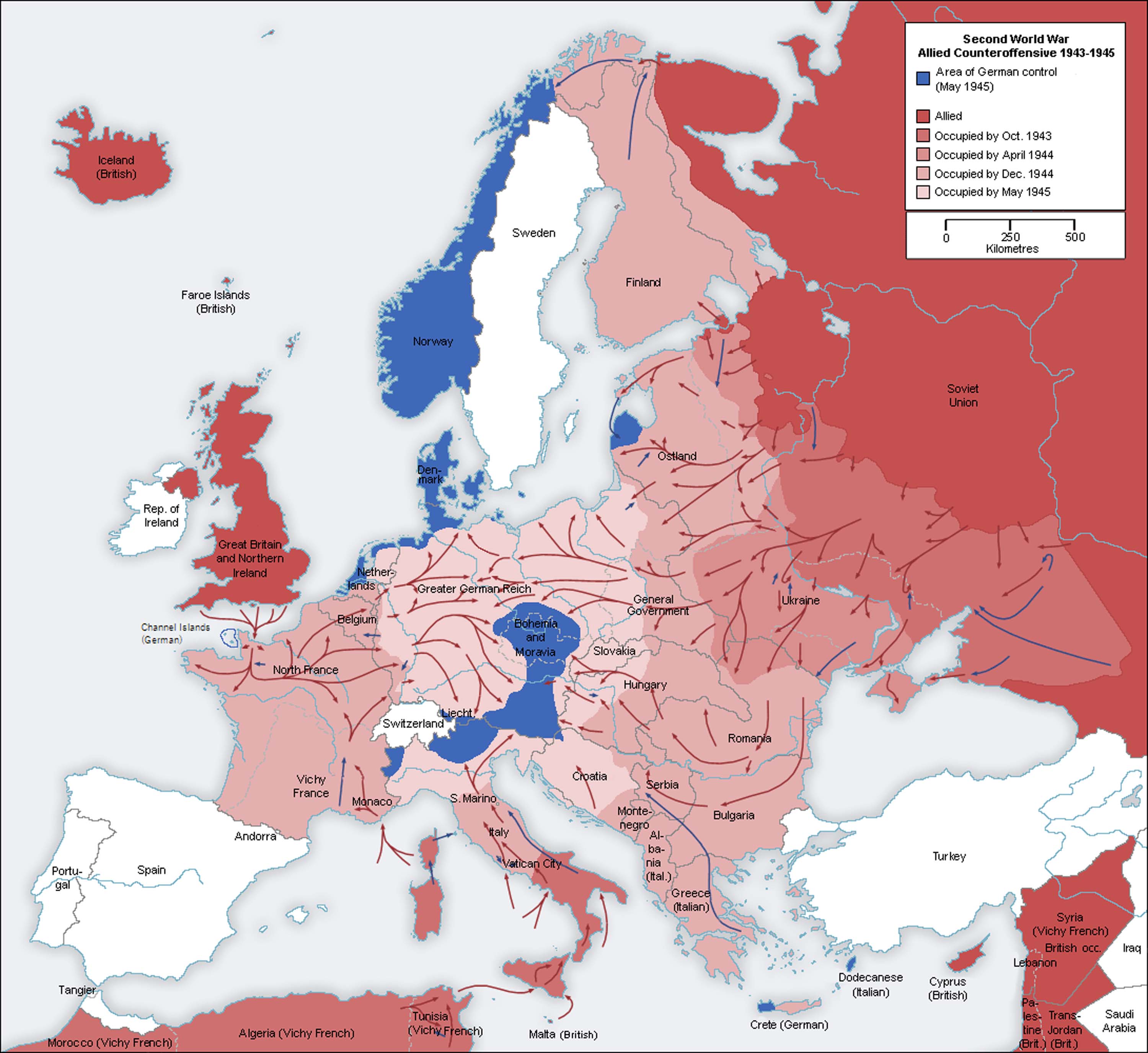 Map shows the area, once conquered by Germany, now occupied by the Allied forces.