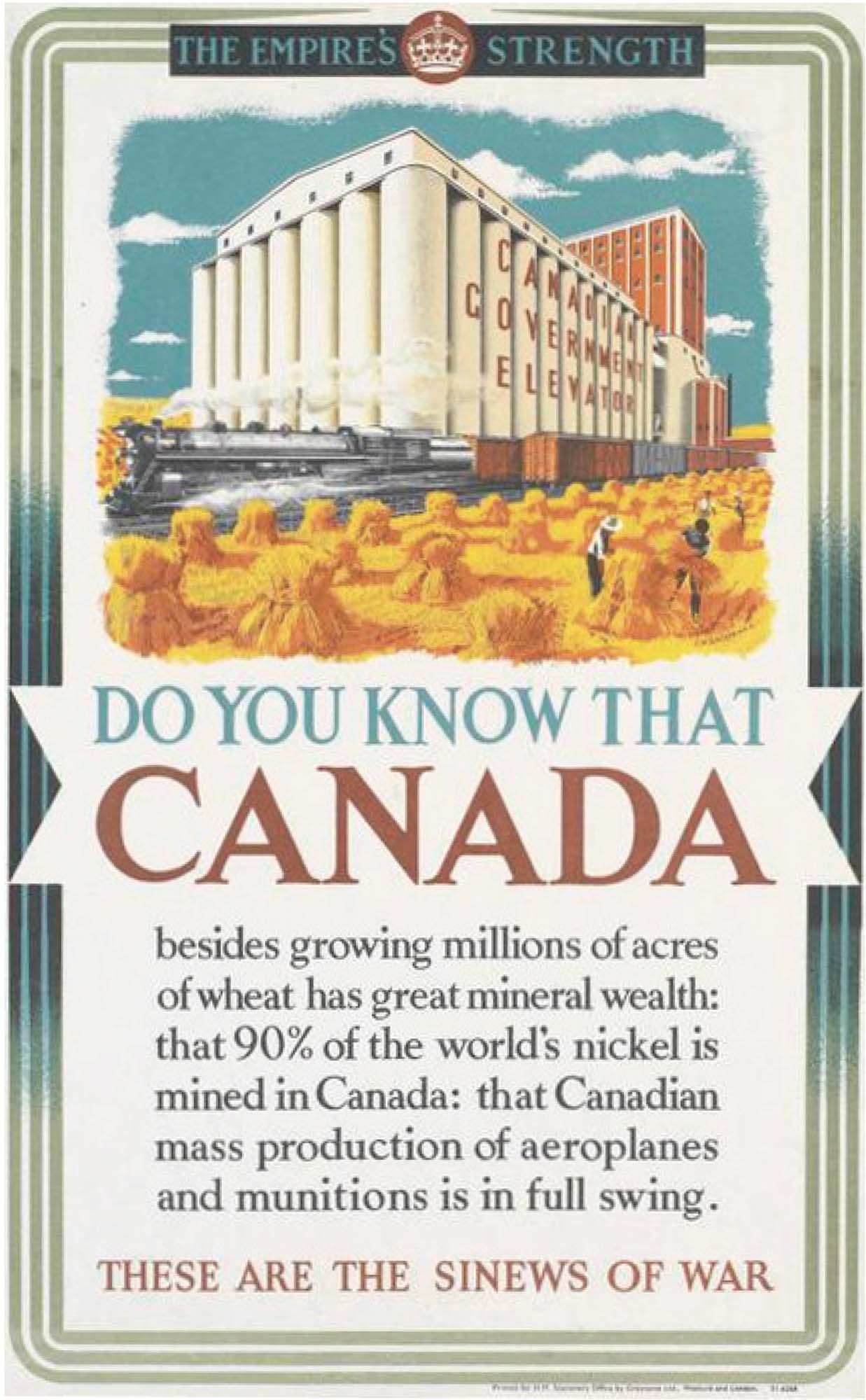 An advertisement for Canada shows an image of a glowing, orange wheat field. Behind the field stands a large factory. Text reads: “DO YOU KNOW THAT CANADA besides growing millions of acres of wheat has great mineral wealth: that 90% of the world's nickel is mined in Canada: that Canadian mass production of aeroplanes and munitions is in full swing. THESE ARE THE SINEWS OF WAR.”
