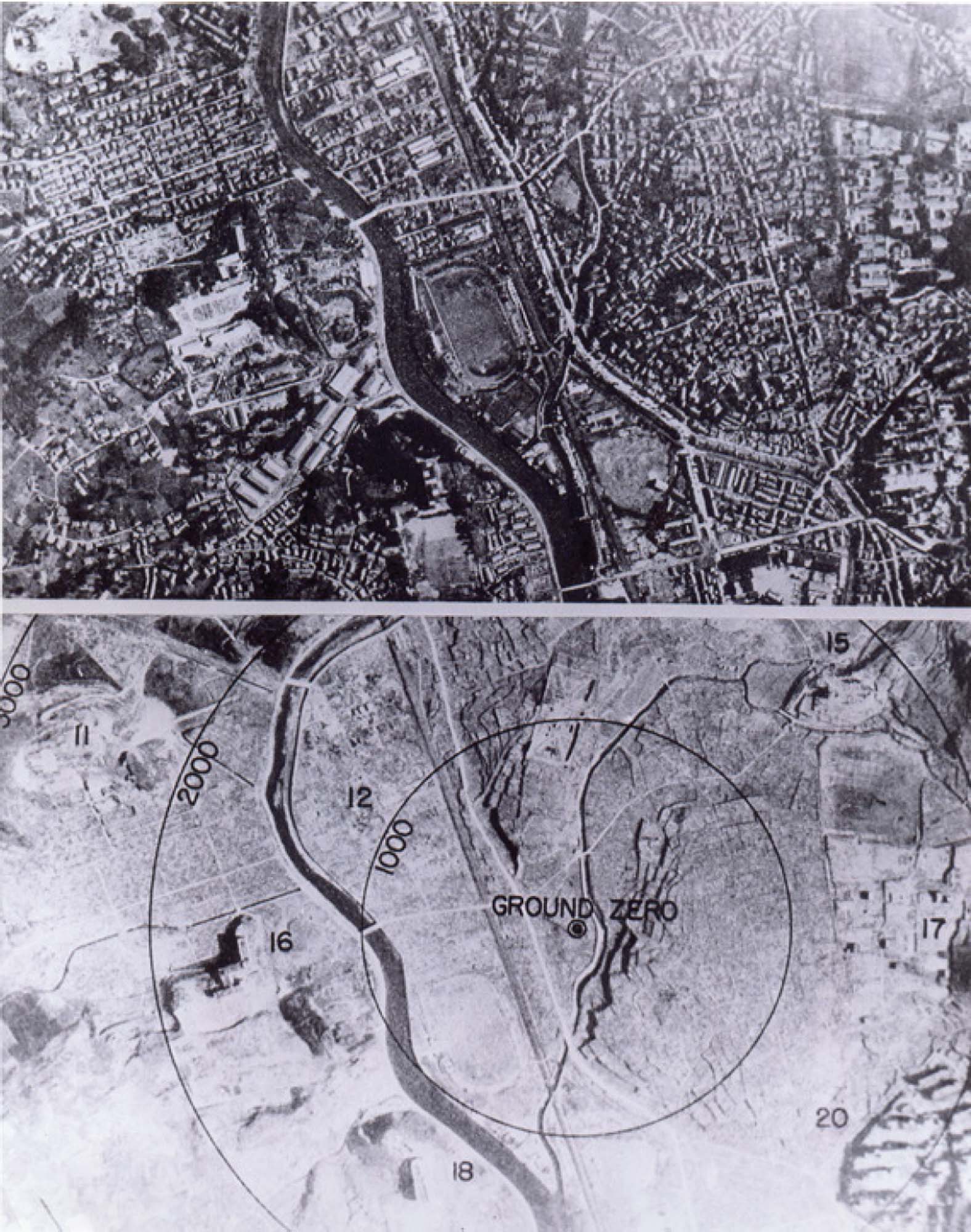 A comparison of Nagasaki before and after the atomic bomb was dropped. The first photo shows a birds-eye view of the city, which was full of buildings, homes, and large roads. The second photo shows the land wiped completely clean of all structures and roads.