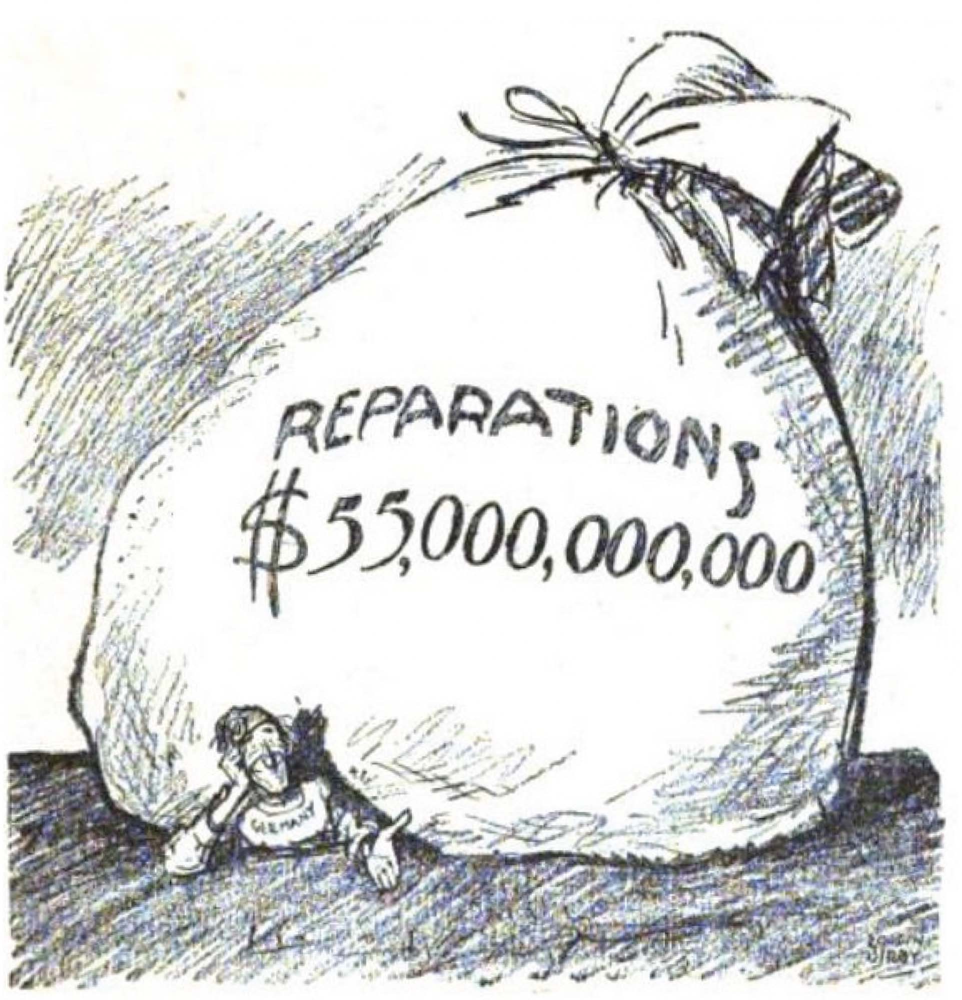 A cartoon depicts a man, wearing a collar that reads “Germany”, being crushed under a sac that reads “Reparations $55,000,000,000”