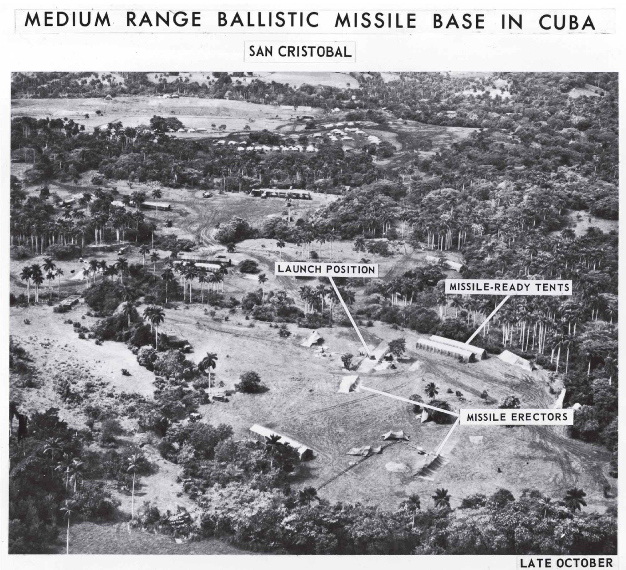 Aerial view of a military facility with labels identifying launch position, missile-ready tents, and missile erectors.