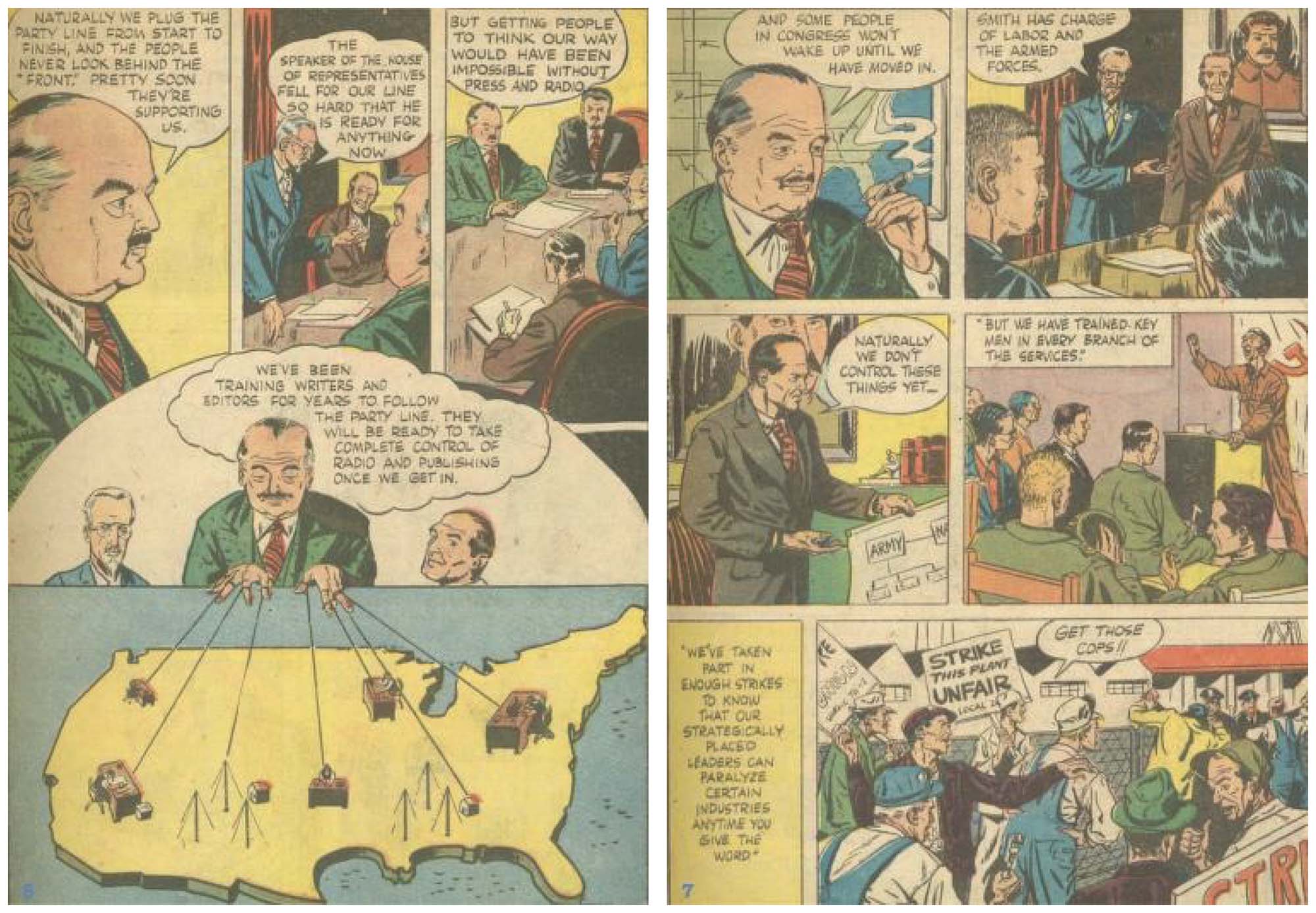 Comic book panels with men in business suits plotting against America.