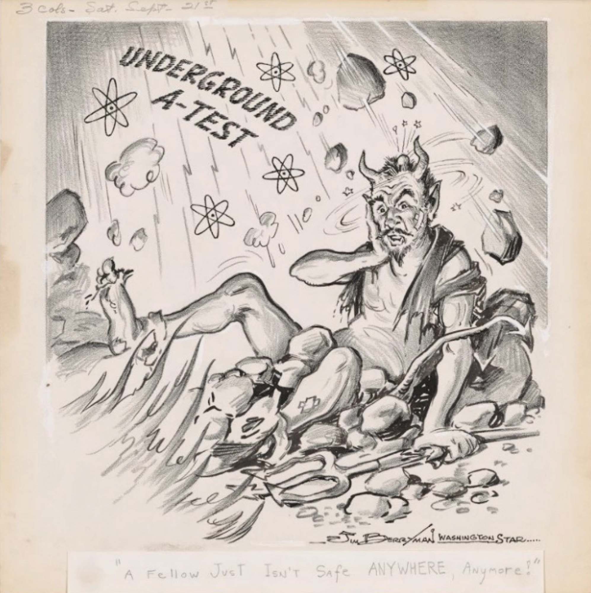 The Devil is affected by an underground nuclear test and lies hurt by falling debris.