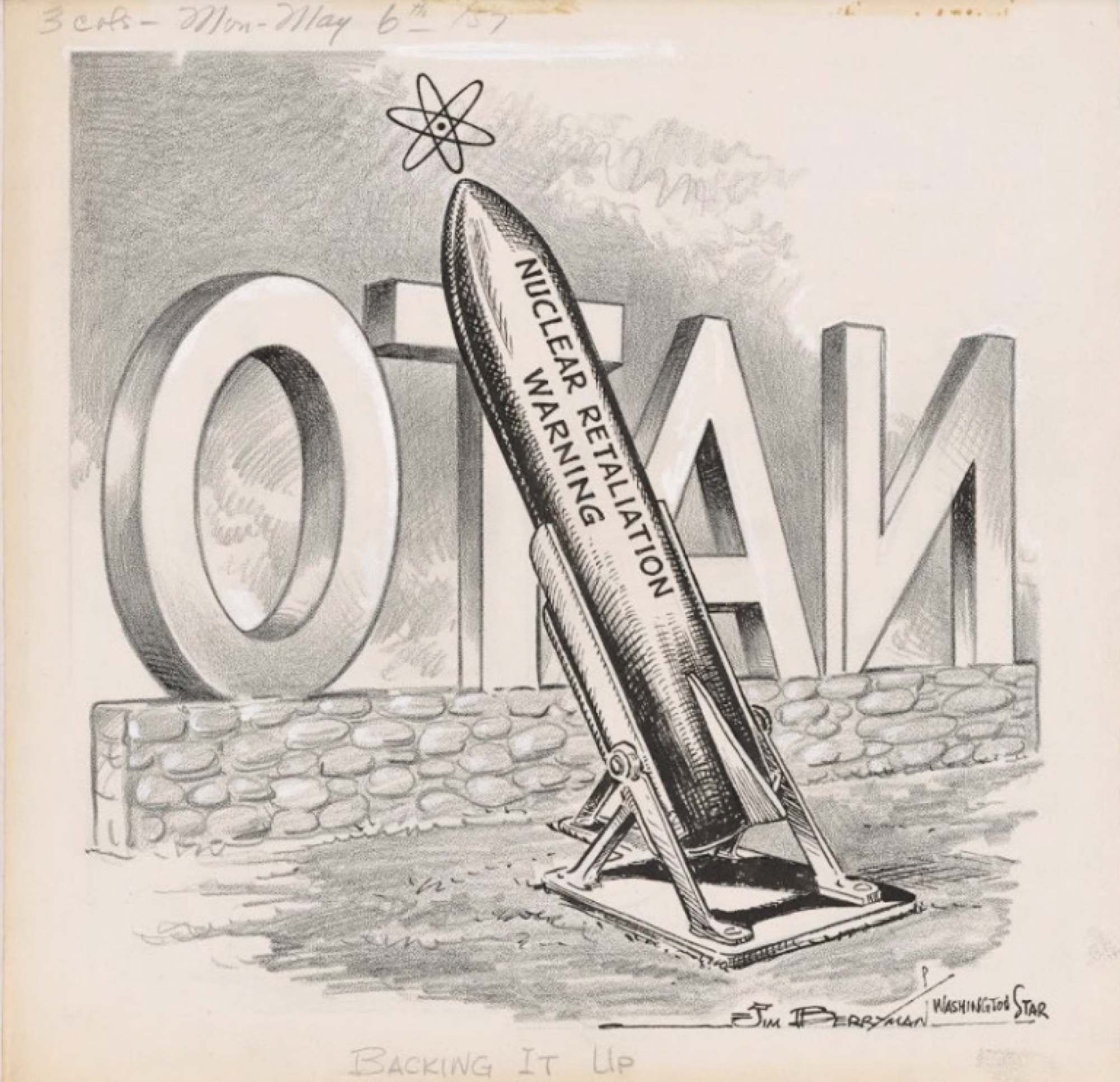 Illustration with NATO and an aimed missile with the words "Nuclear retaliation warning."