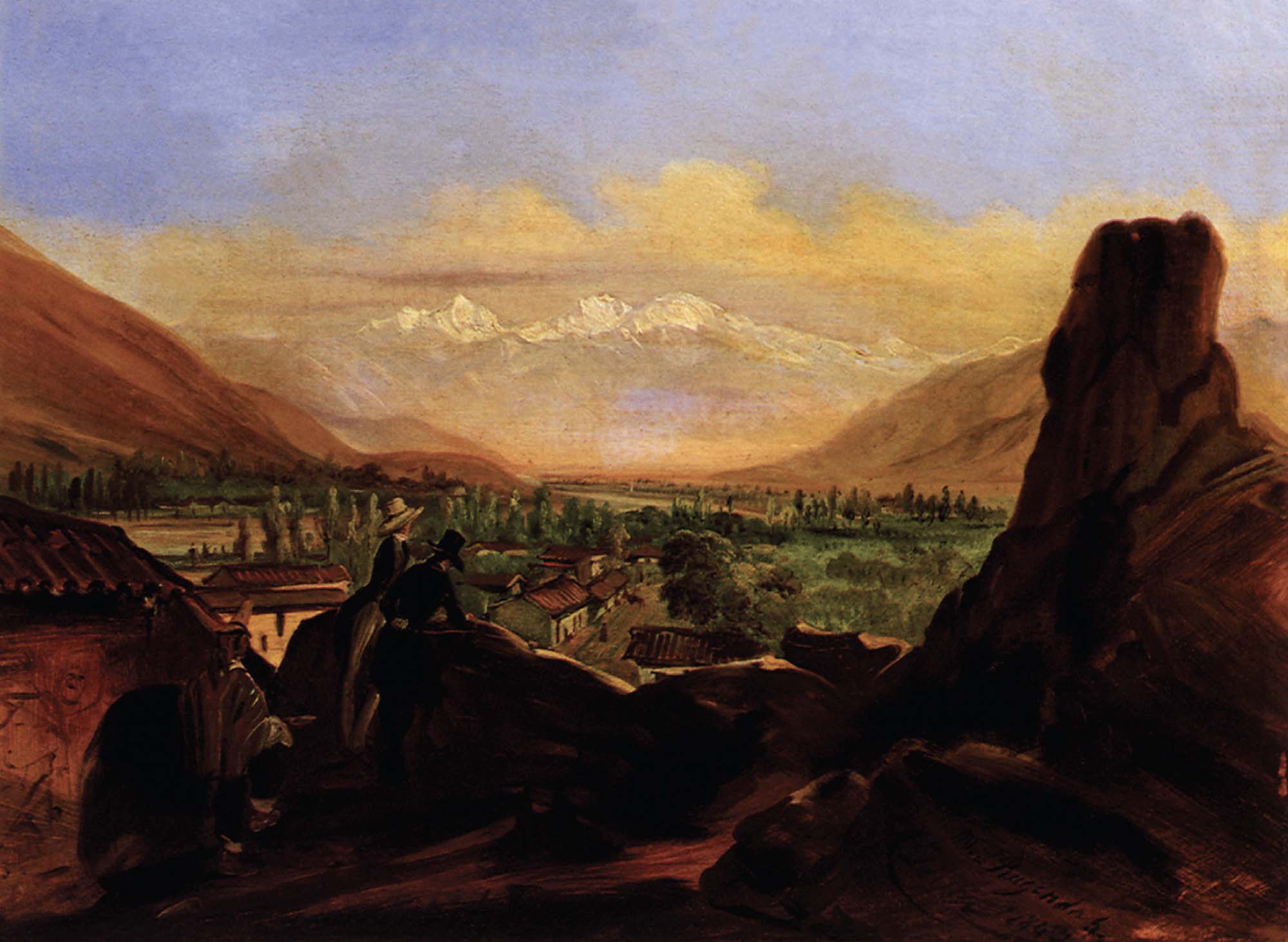 Painting of a lush farmland and mountainous scene with well-dressed landowners looking over their property.