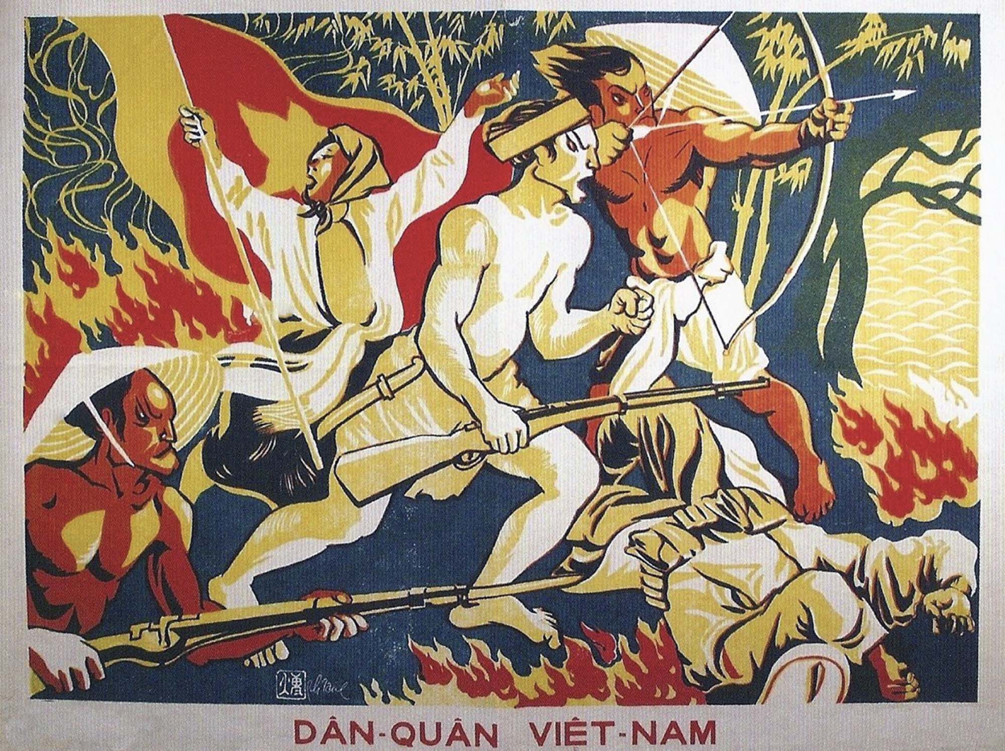Brightly colored propaganda poster promoting independence of Vietnamese people.