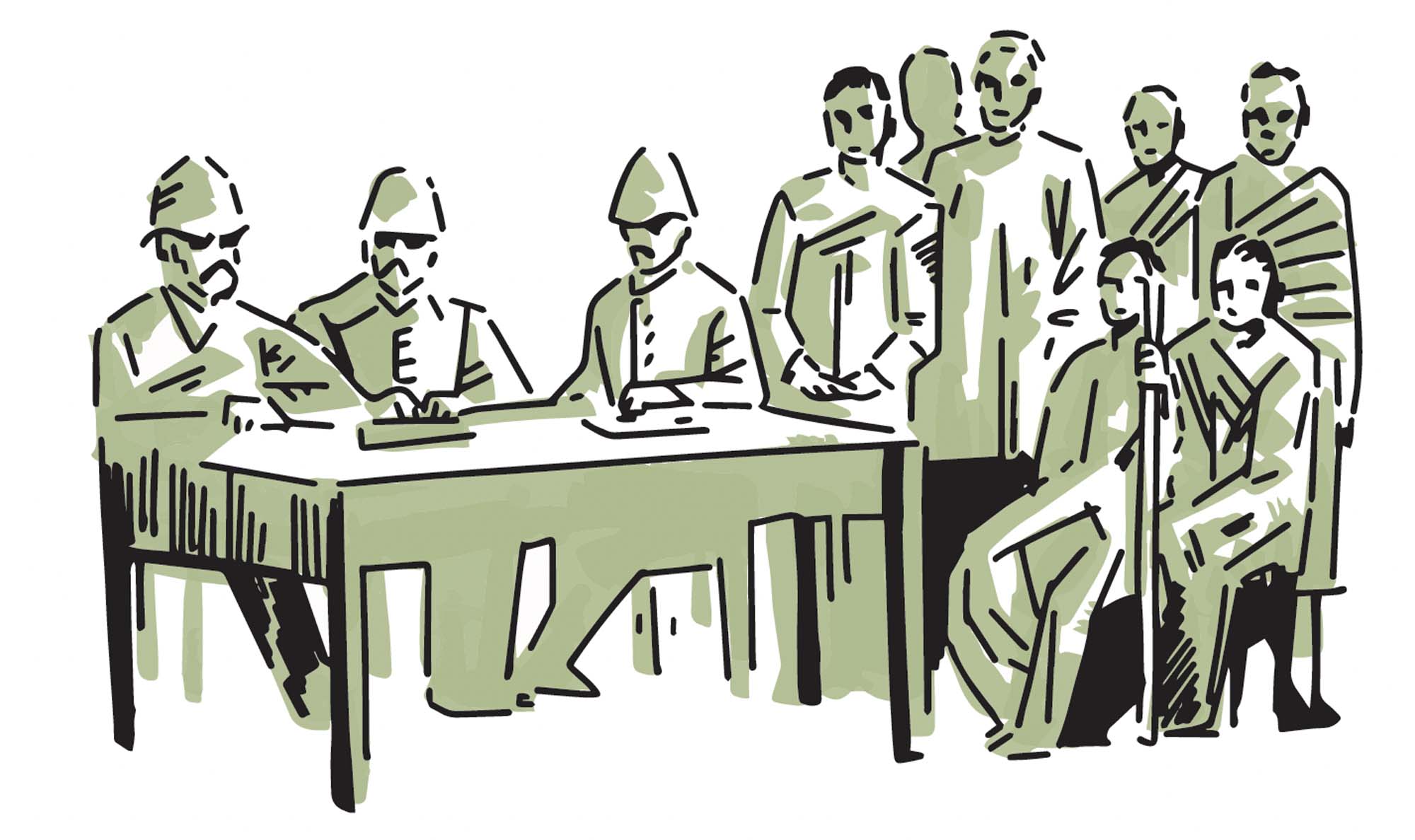 A drawing depicts three officers in tall hats sitting at a table. Next to them are several seated and standing people, the Nigerian chiefs.