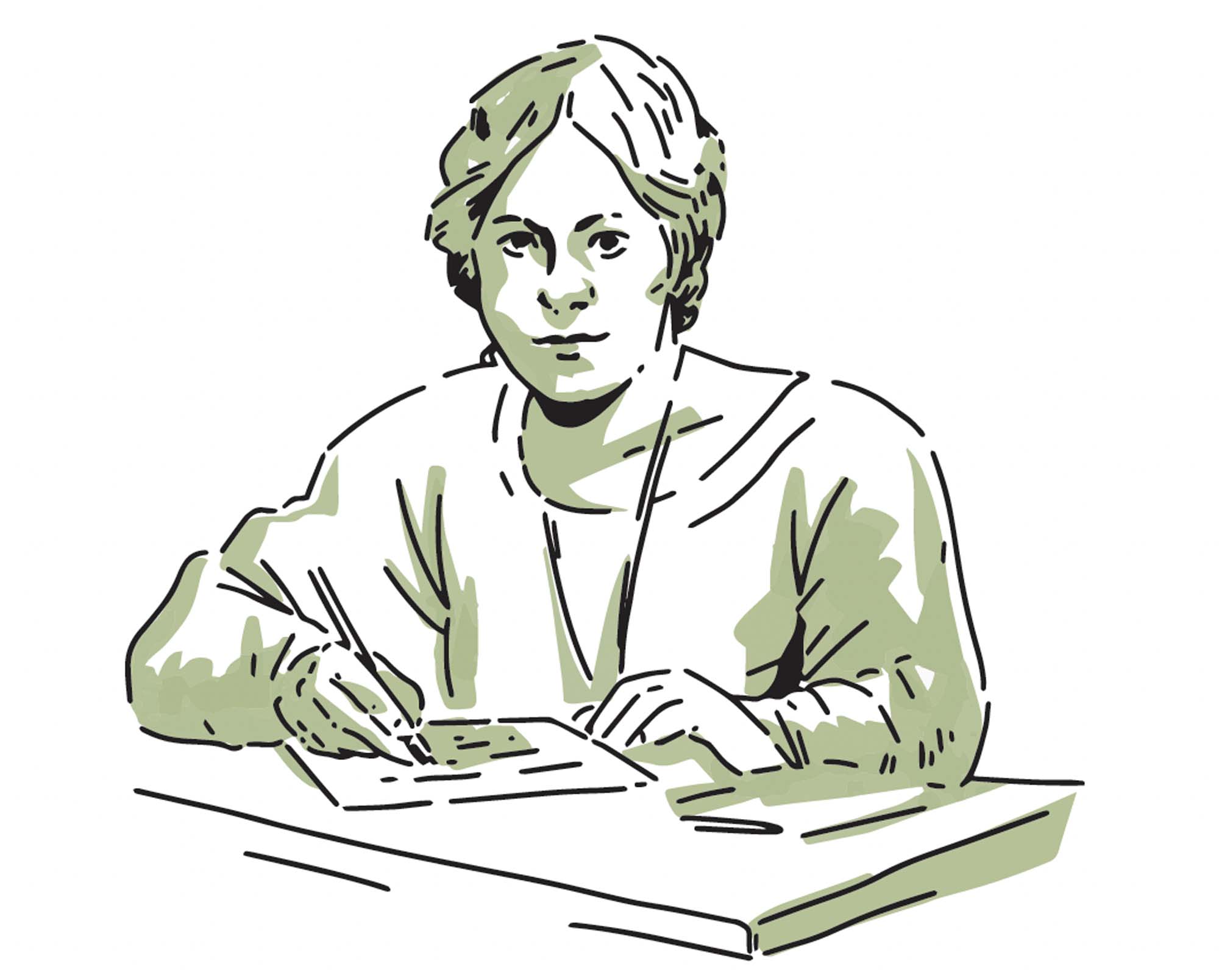 A drawn depiction of a woman sitting at a table, writing on a piece of paper at a desk.