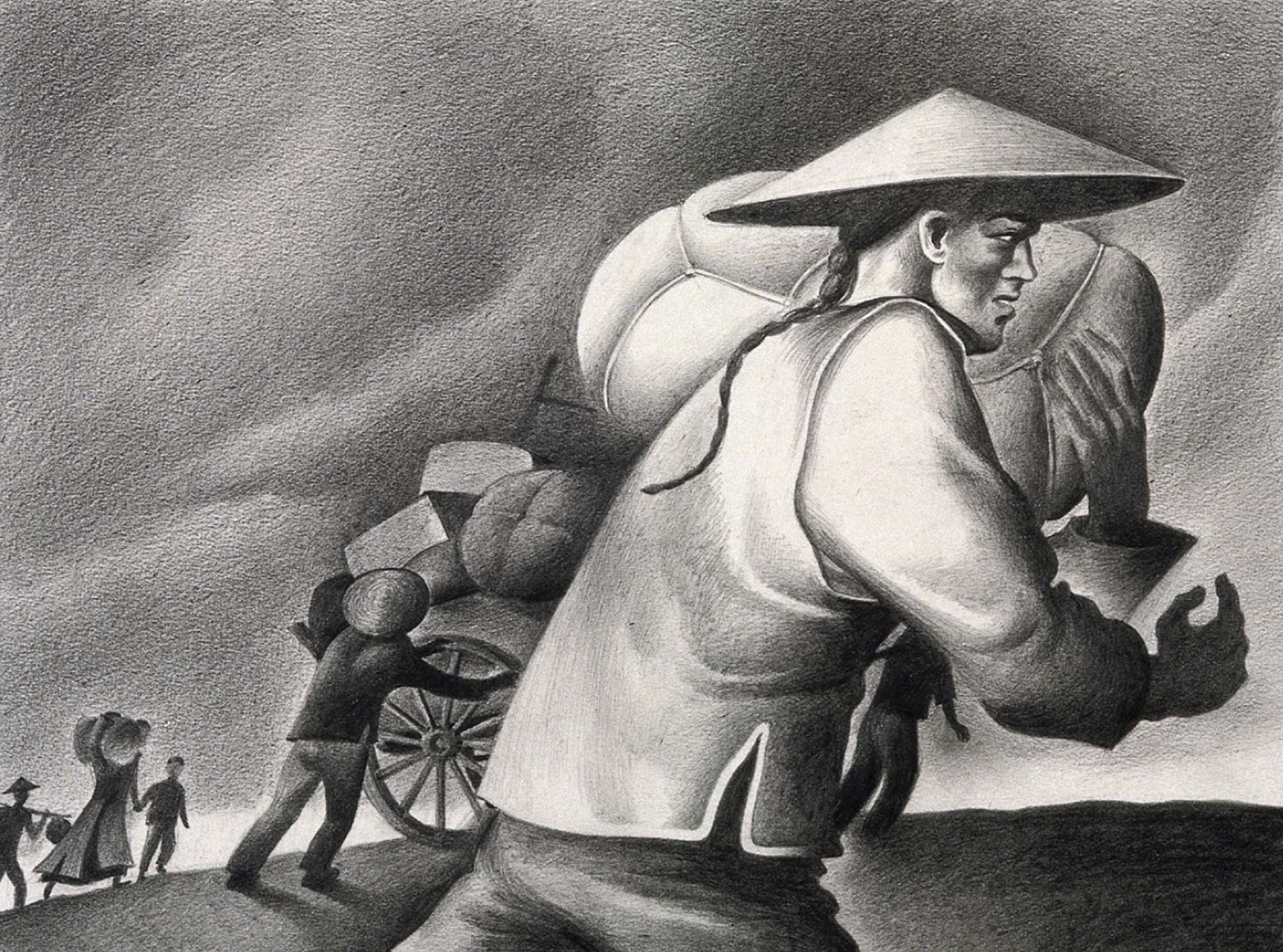 Detailed, black and white drawing of people fleeing. One is carrying a large package, one is loading a wagon with belongings, and several others are following behind.  