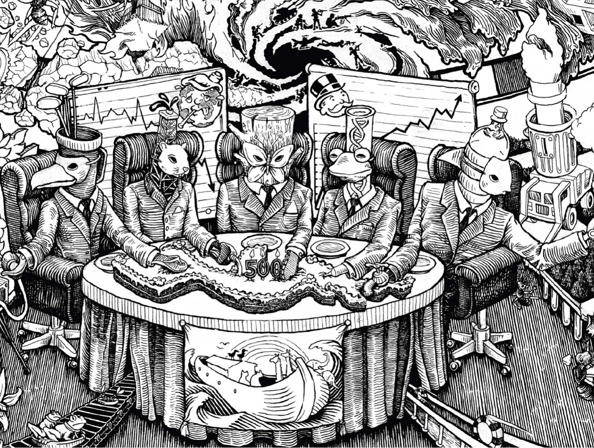 A complex artwork shows several people, wearing masks of different animals, sitting at a table digging into a cake topped with a “500” candle. Beneath the table, animals are being led on a conveyer belt underneath the tablecloth. 