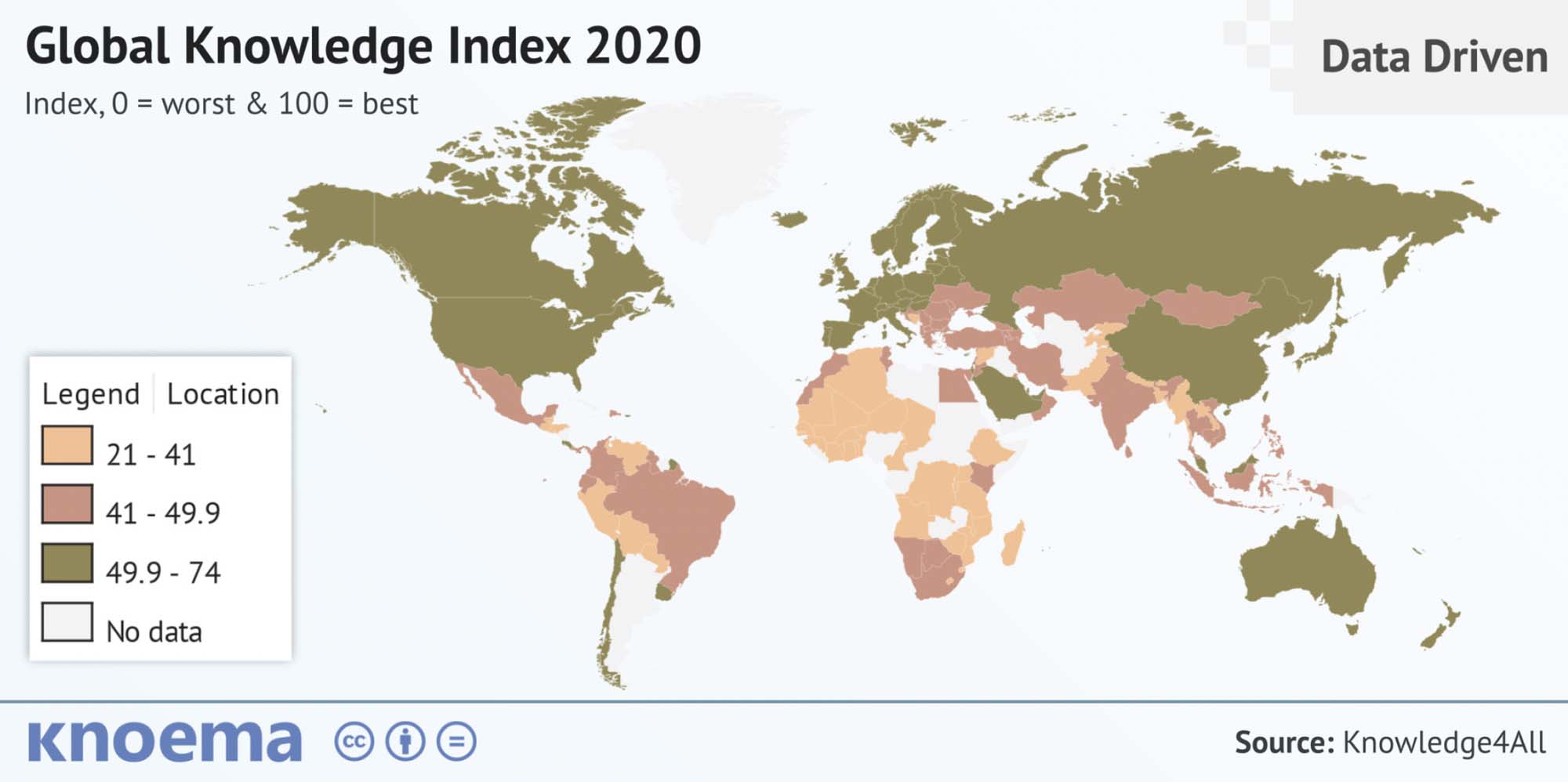 Map that shows levels of knowledge in different countries around the world.