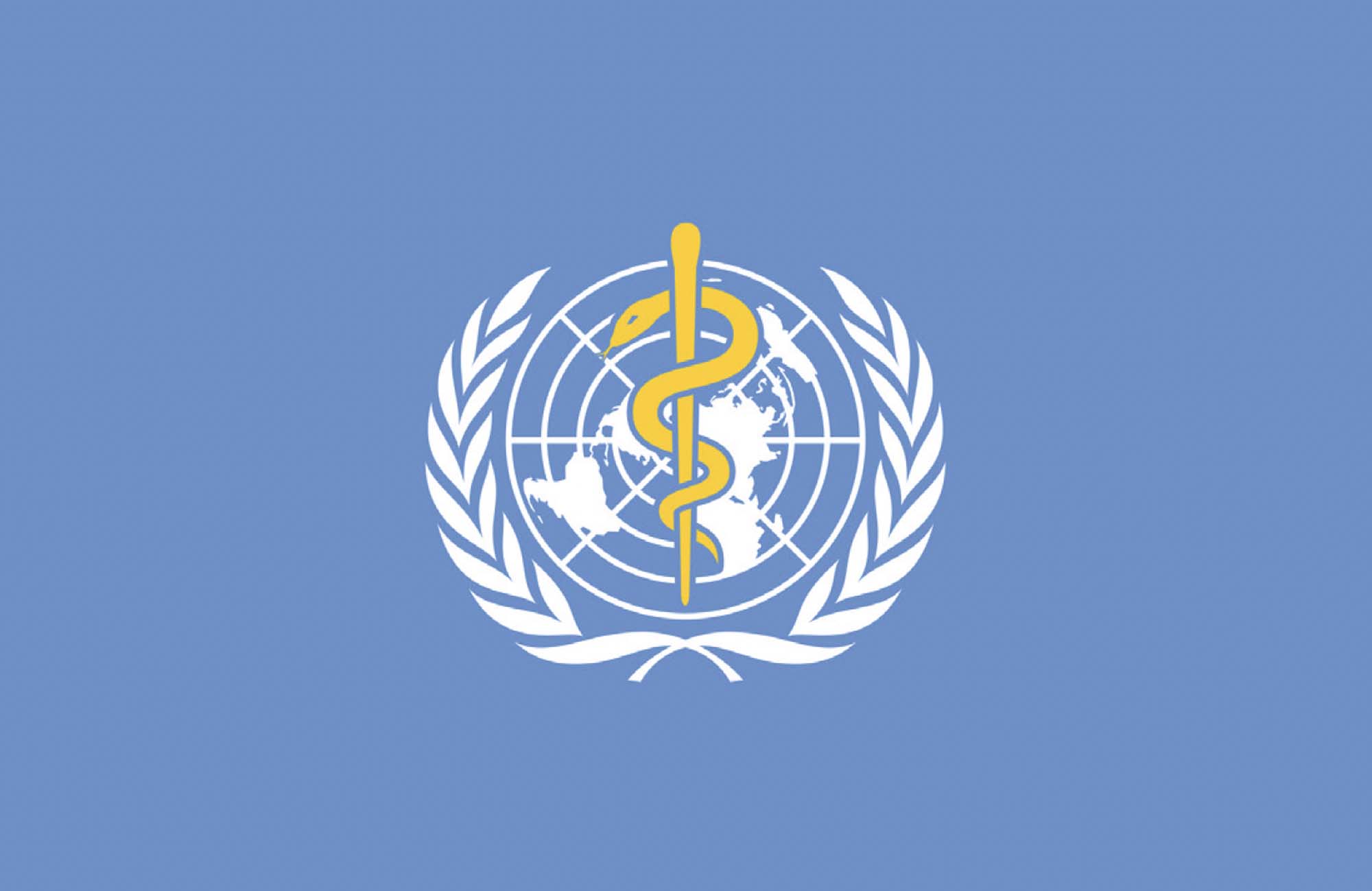 Image of the WHO flag: the flag features the emblem of the UN, an image of a global map inside a rounded circle, bordered by an image of a wreath. In the center of the emblem is a snake wrapped around a pole. The background of the flag is blue.