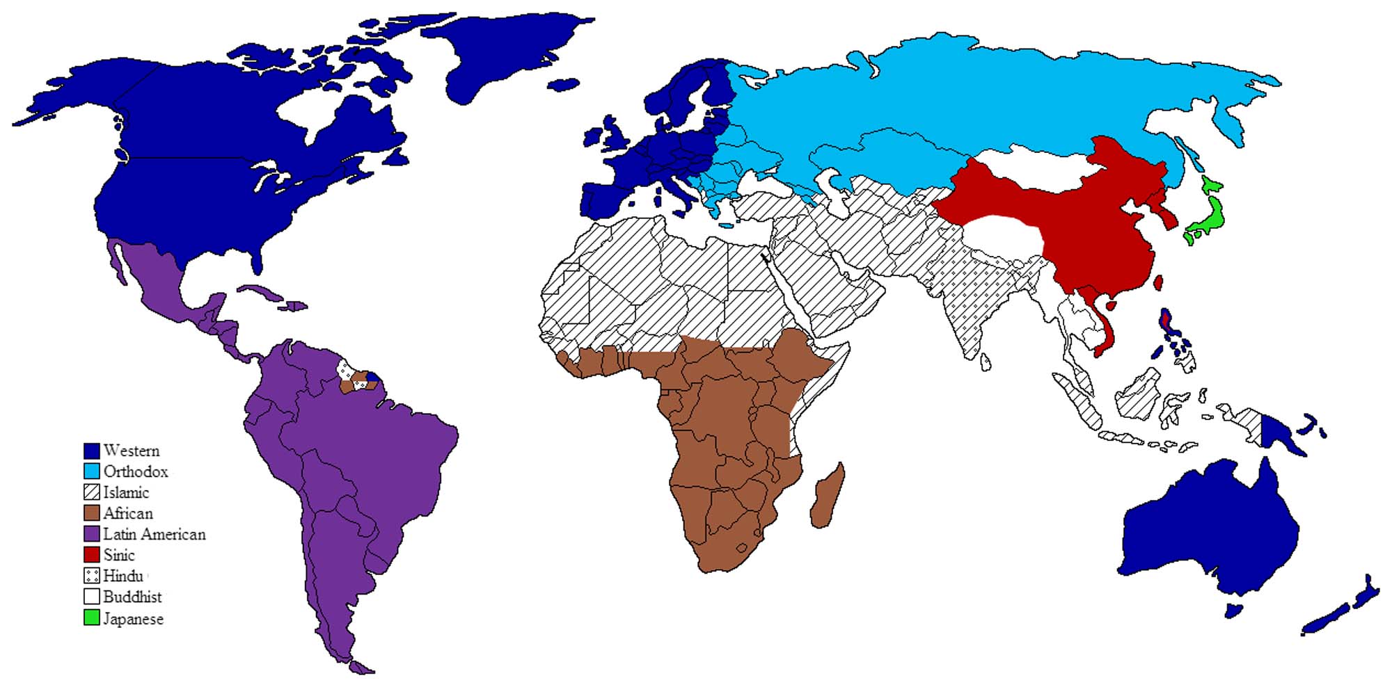 World map divided into different civilizational zones such as Western, Orthodox, Islamic, Hindu, and Buddhist. Each zone is shaded in a different color.  