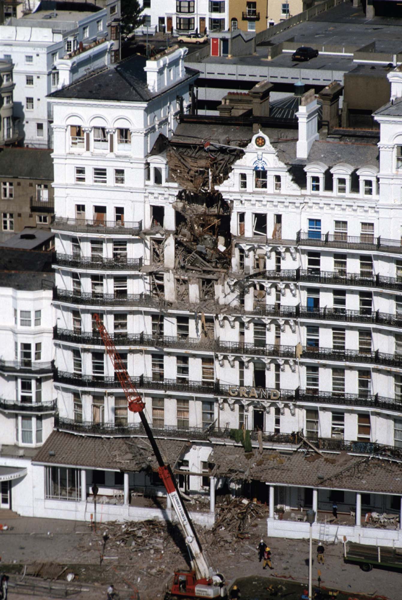 The destroyed upper floors of the hotel after a terrorist bombing.
