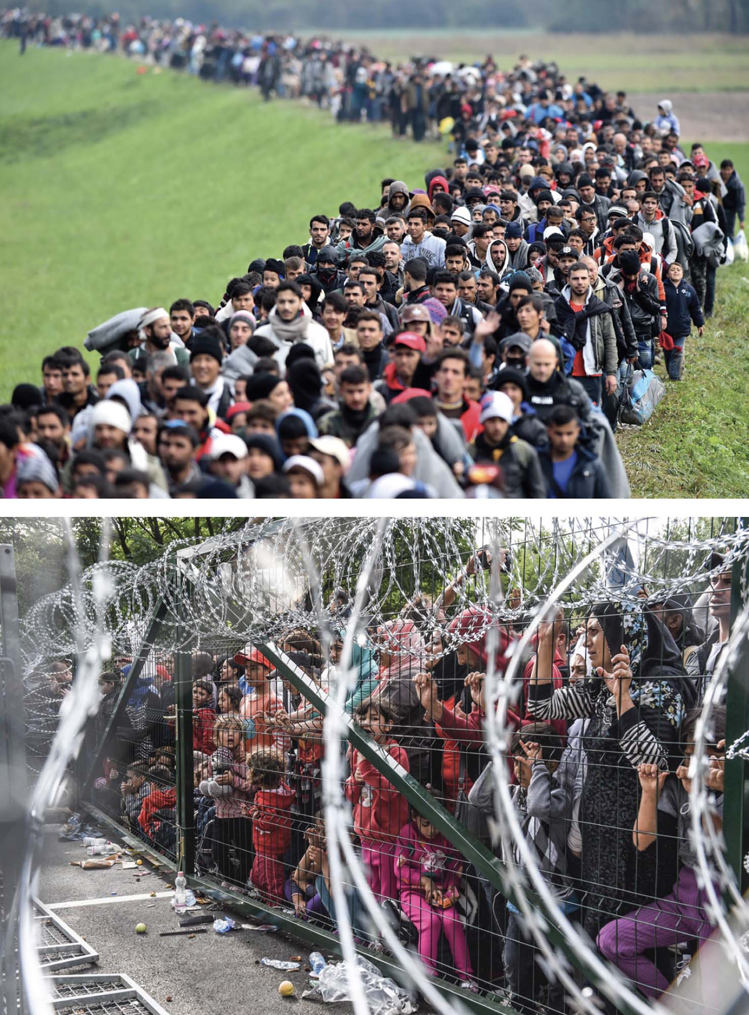 Long line of hundreds of migrants (top) and a crowd of refugees being held back behind a metal fence and razor wire (bottom).