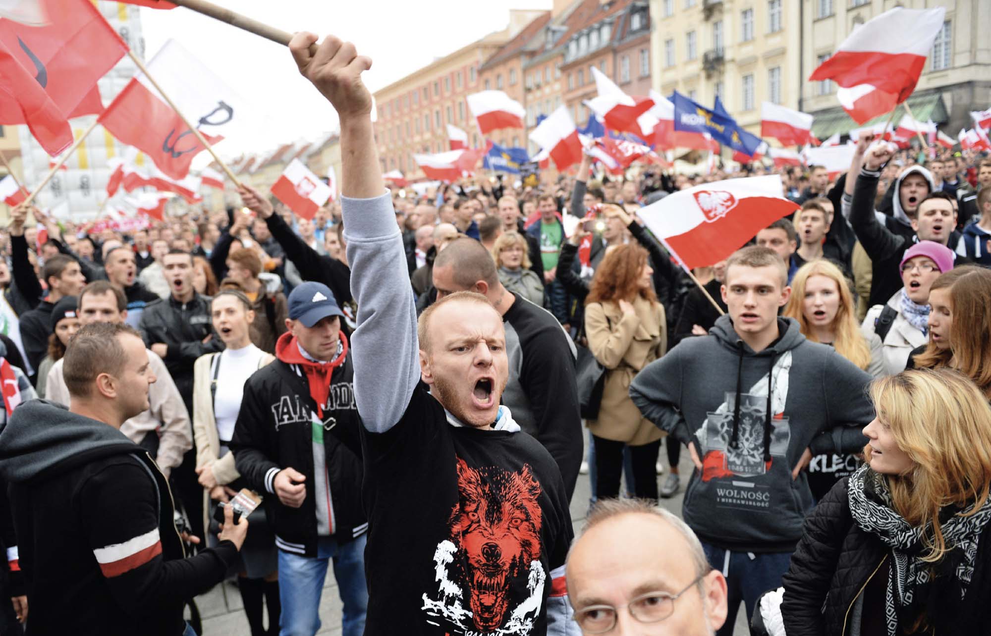 Large, boisterous crowd of protestors waving flags and yelling.