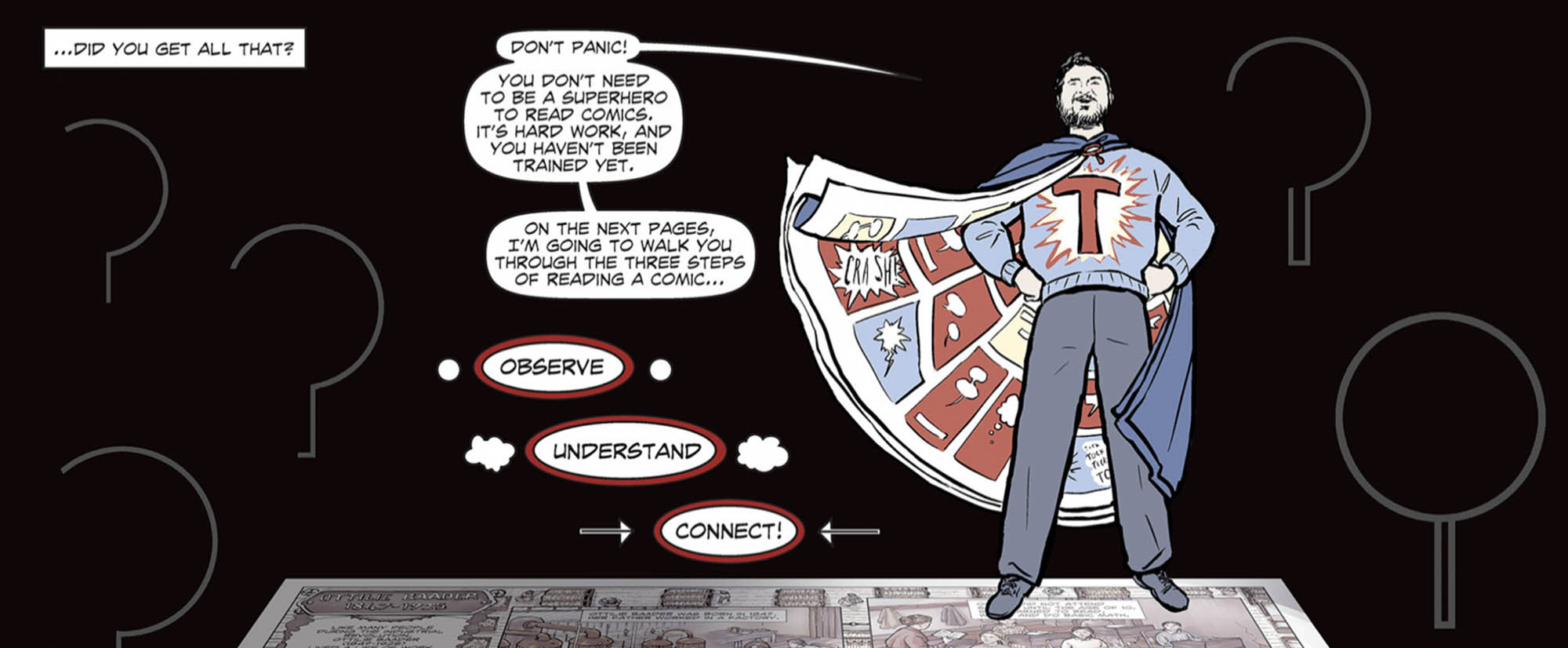 Graphic image of a person wearing a cape and standing on top of a graphic biography.