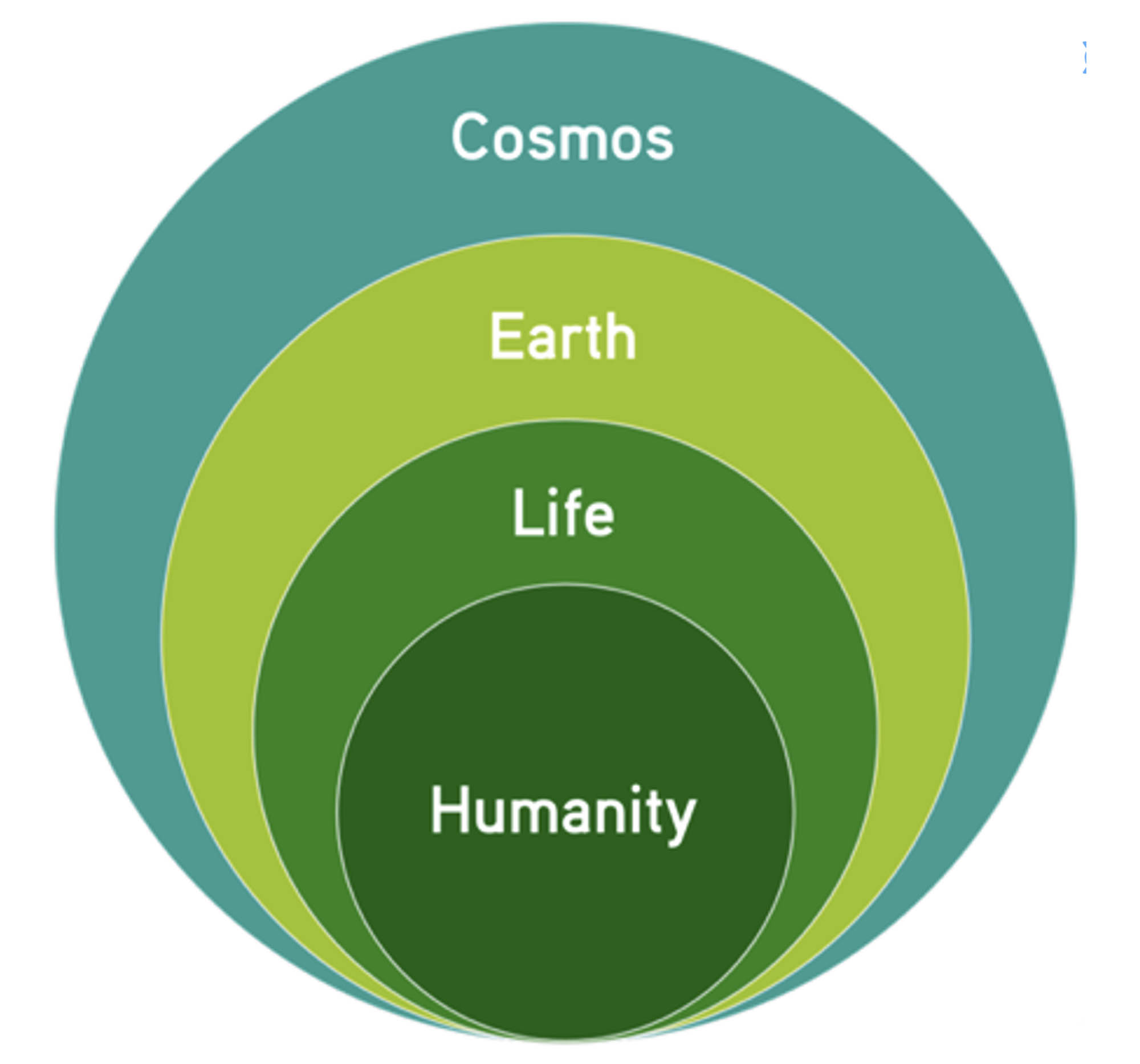 A diagram of concentric circles in varying shades of green illustrating the relationship between Humanity, Life, Earth, and the Cosmos.