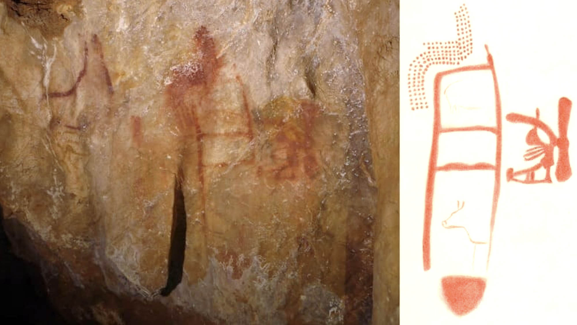 A Neanderthal cave painting with a close-up next to it of drawings etched into the cave.