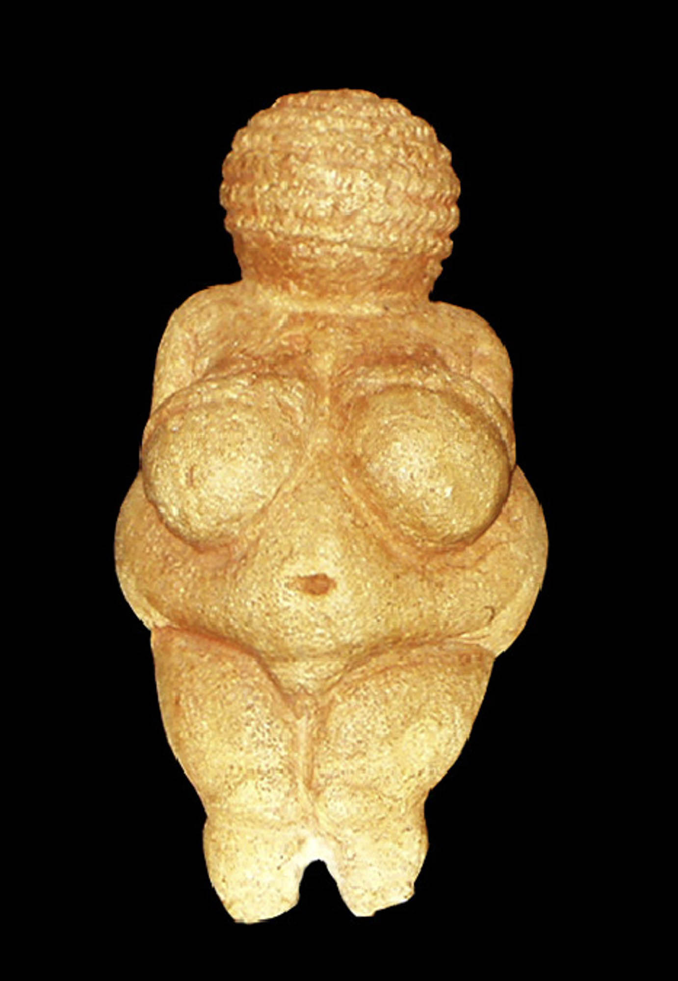 Close-up of a lime-stone figurine of Venus of Willendorf.