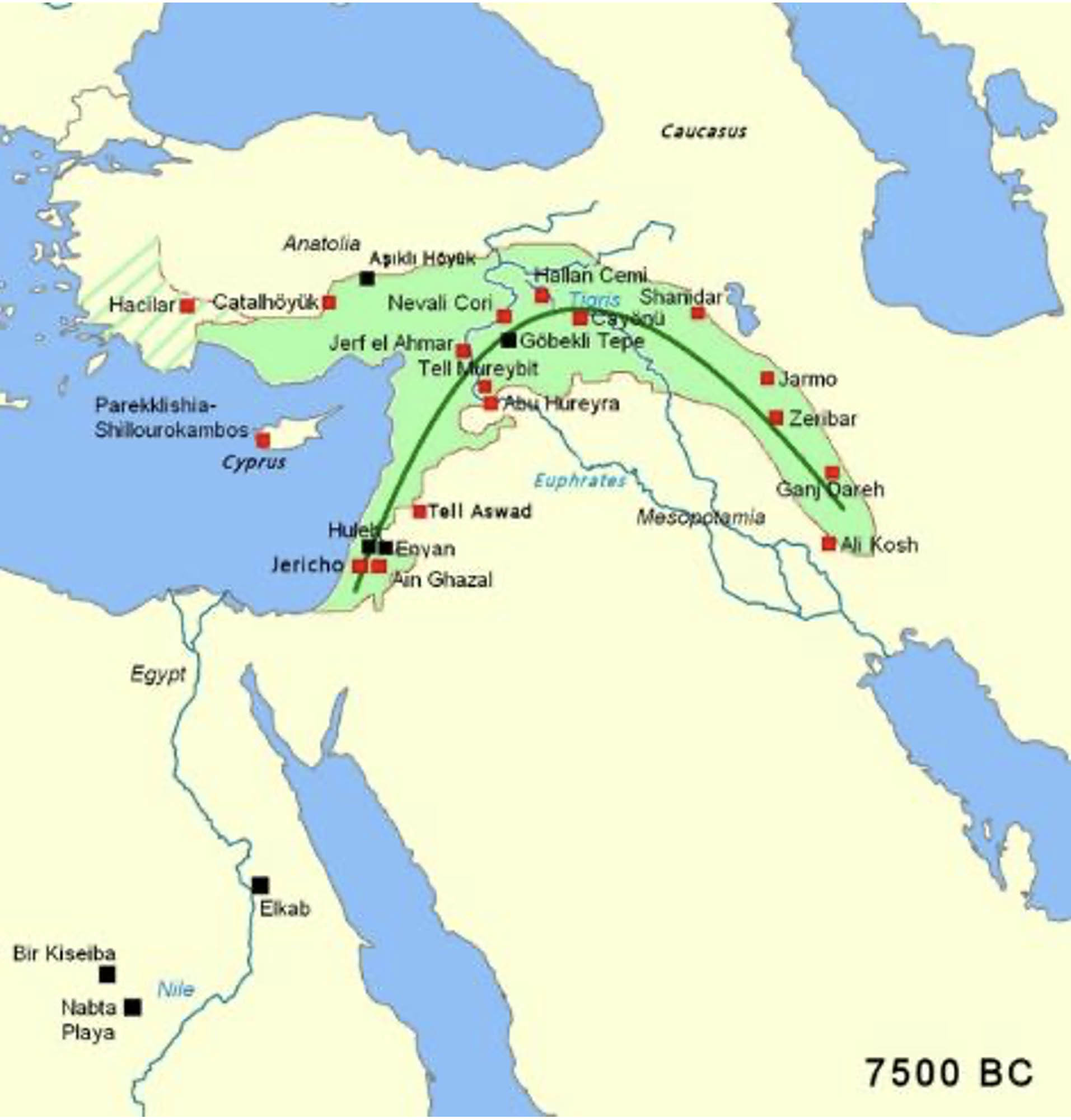 Map of the Fertile Crescent around 7500 BC, highlighting key Neolithic sites.
