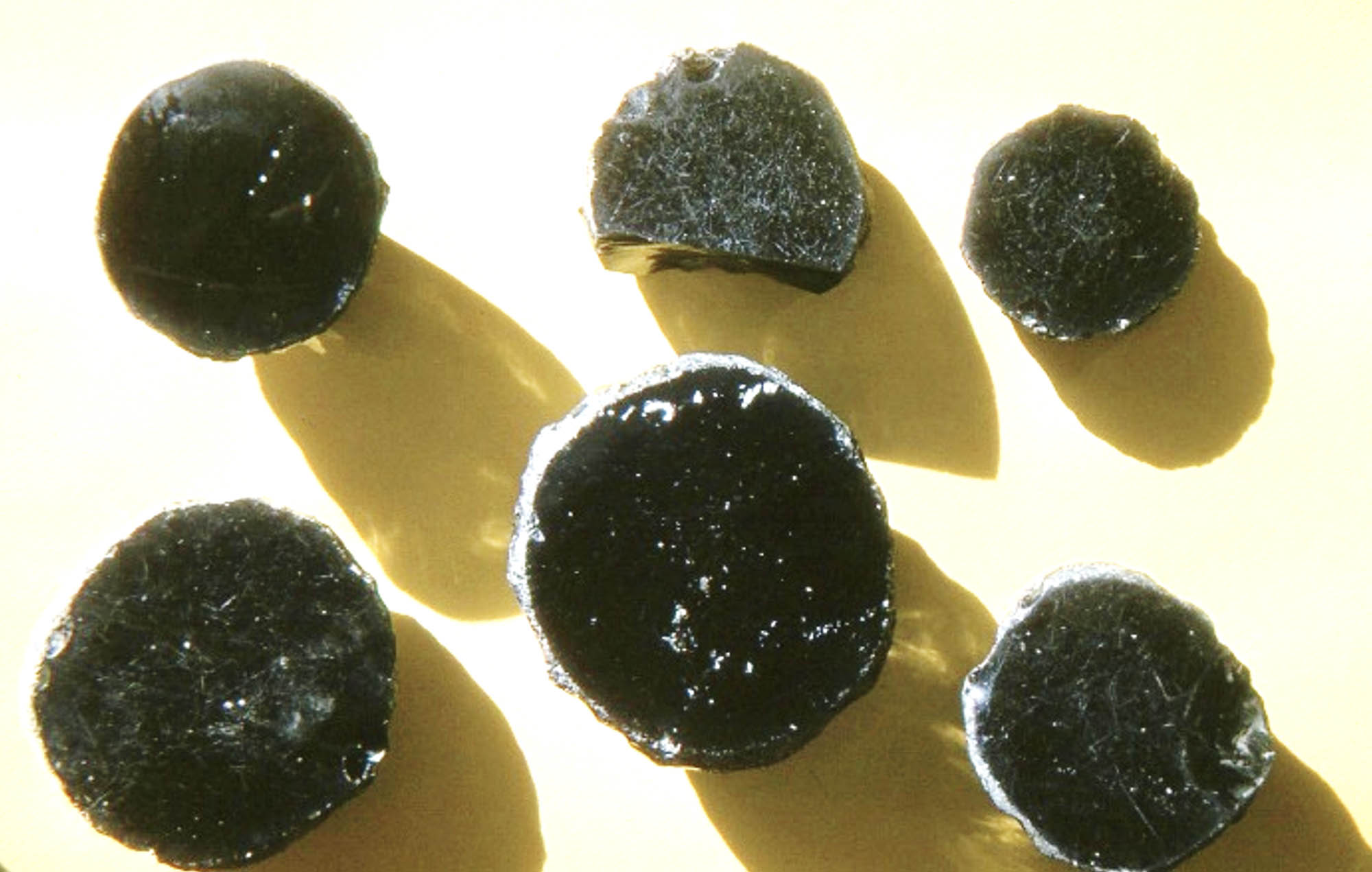 Six circular chunks of obsidian with a flat, polished surface.