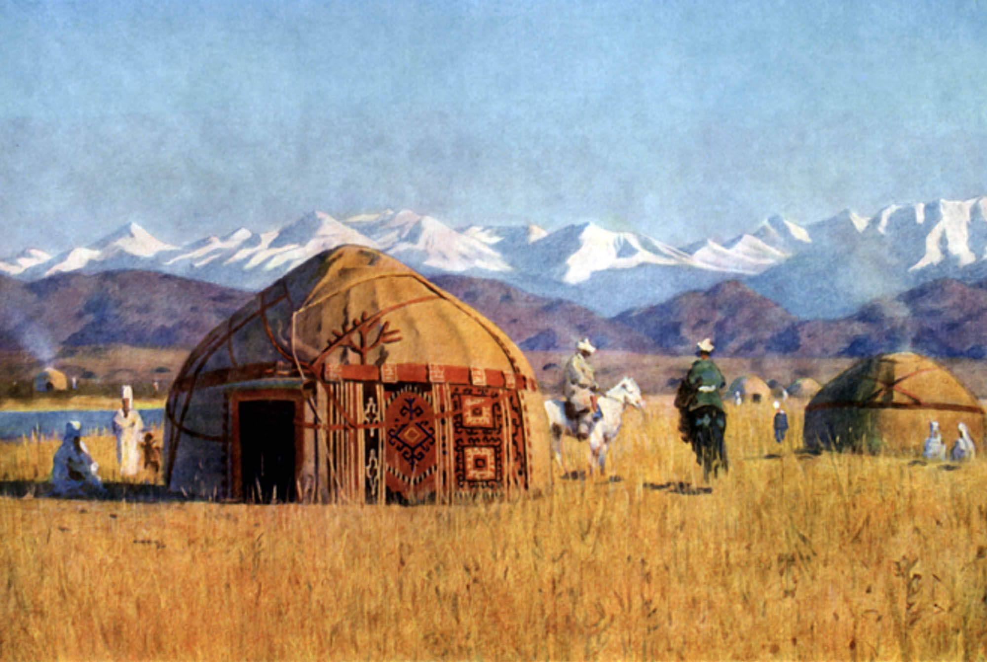Painting of a tent-like structure in the foreground and men on horses. A ridge of snow-covered mountains in the background.