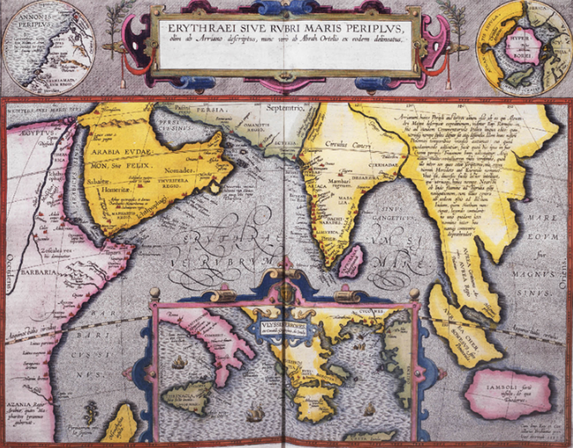 Antique map of the trade routes around Africa and Asia. Inset map shows routes around Europe. 