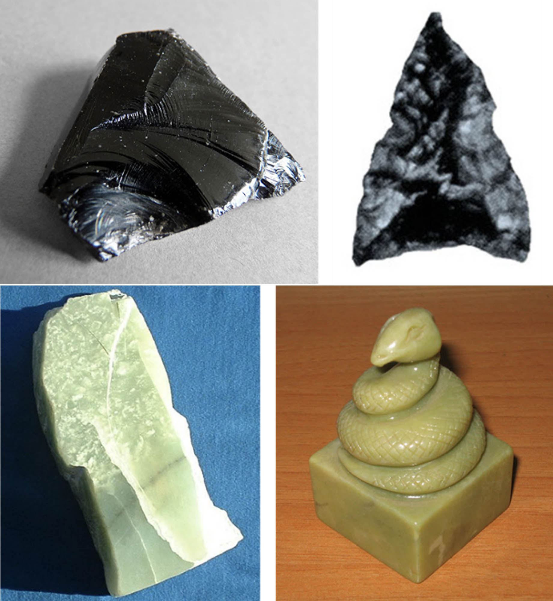 A selection of four pieces of obsidian and jade.