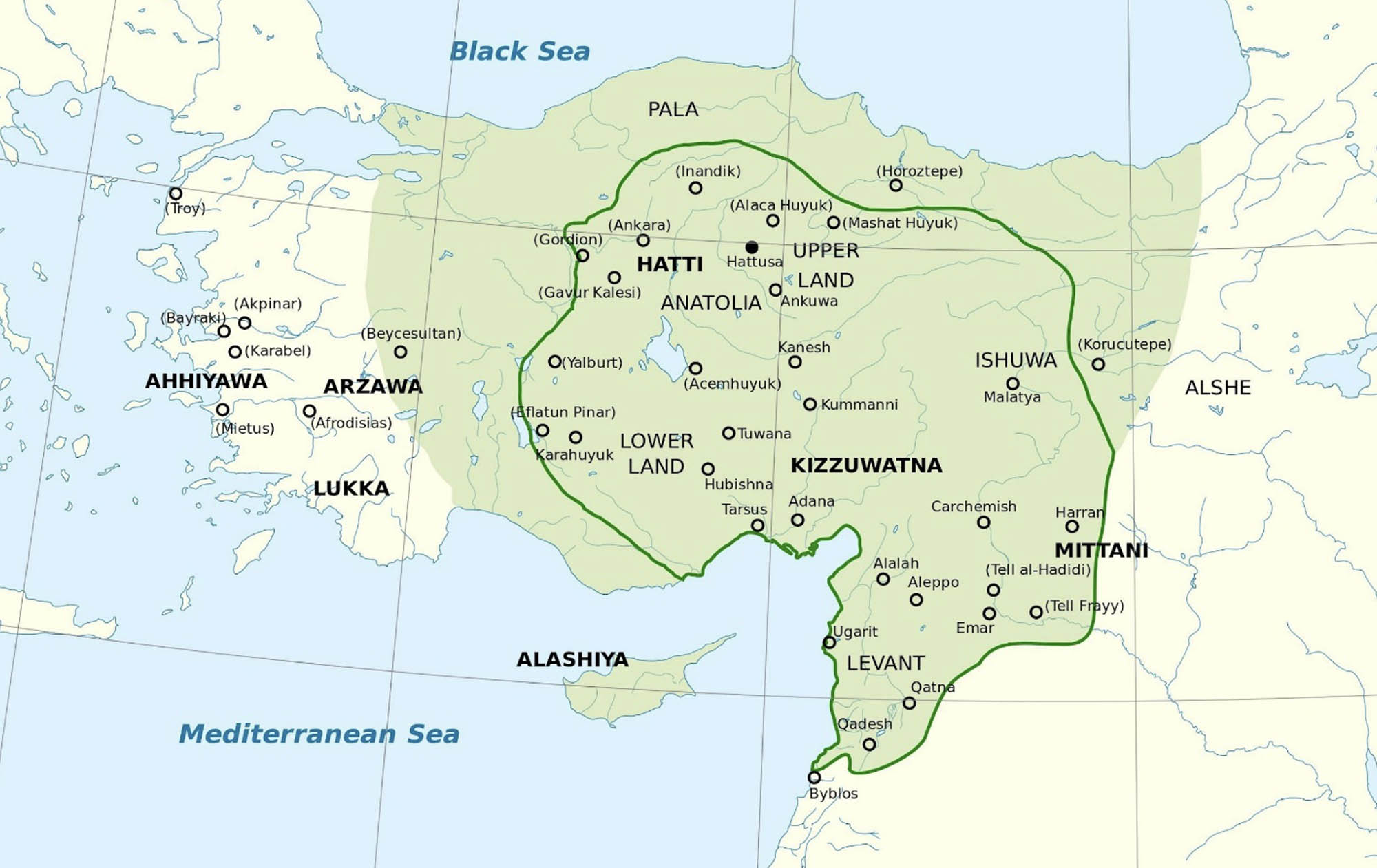 Map of the Hittite Empire comprised of modern-day Turkey, Syria, and Lebanon.