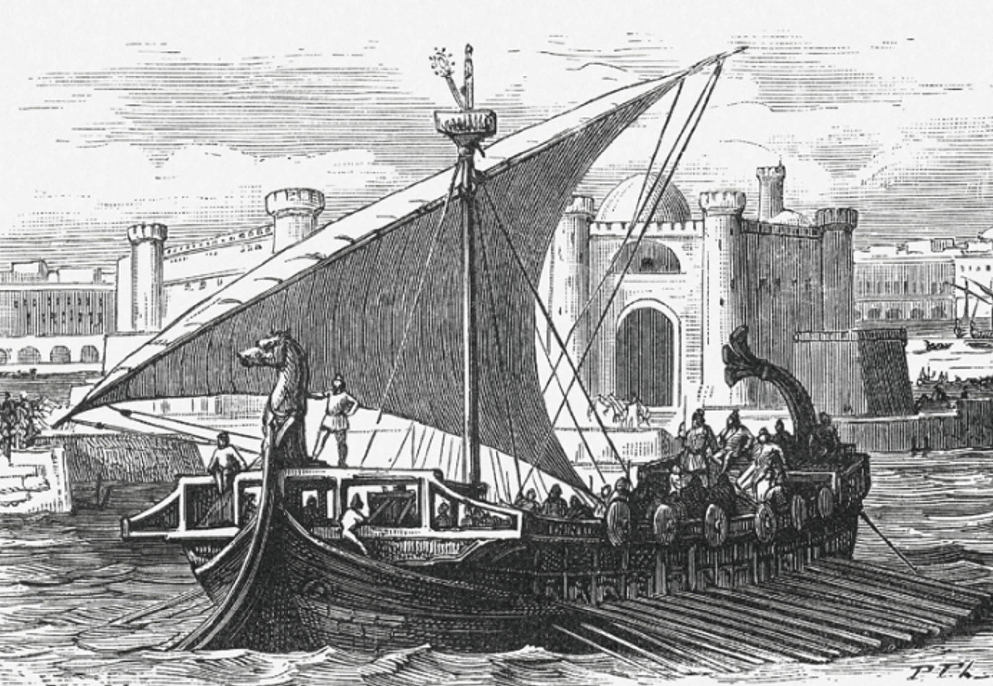 Line engraving of an ancient sailing ship in a harbor.