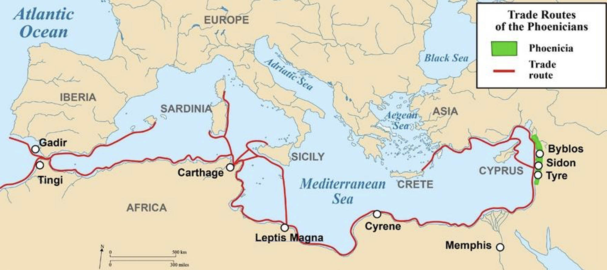 Map of the Mediterranean showing the location of the Phoenician Empire and its network of trade routes.
